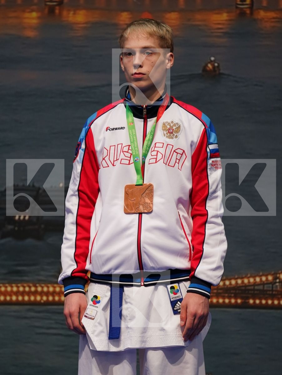 YURUR OMER FARUK (TURKEY), DE VIVO DANIELE (ITALY), MALIQI BETIM (KOSOVO), PESKOV DANIIL (RUSSIAN FEDERATION) in Junior Kumite Male -68 Kg - Podium ceremony