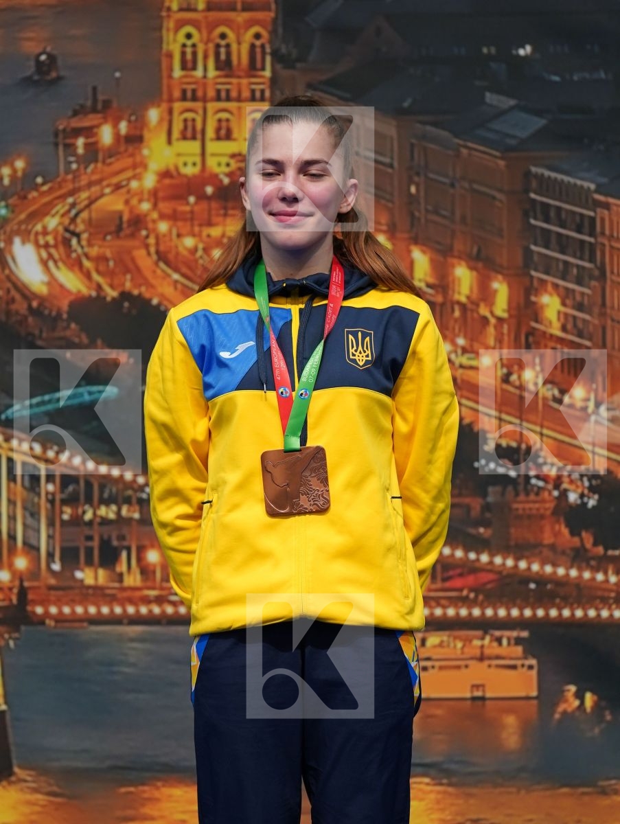 ELISABETH EMMA MARIE (FRANCE), RZAZADE AYLA (AZERBAIJAN), DEVIGILI HANNA (AUSTRIA), BAZELIUK OKSANA (UKRAINE) in Junior Kumite Female -59 Kg - Podium ceremony