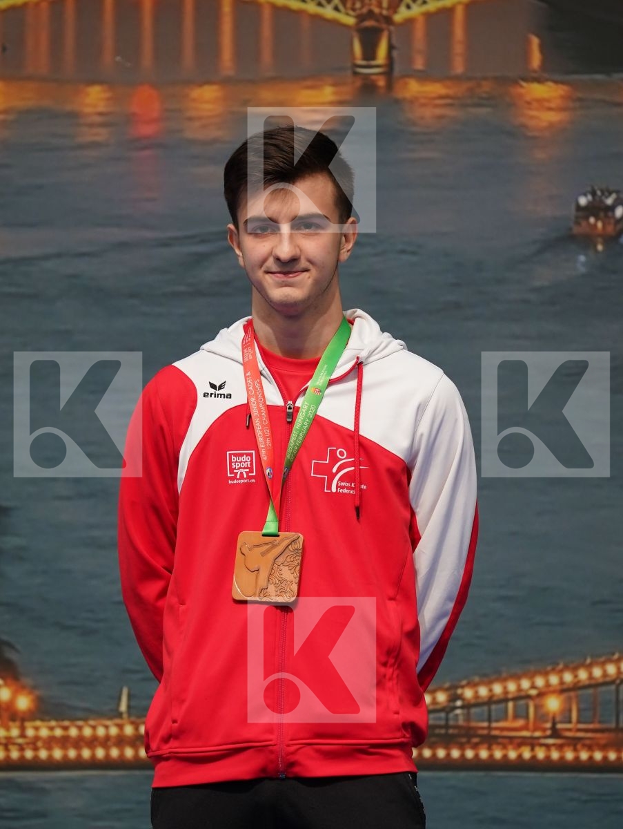 AGHAYEV FARID (AZERBAIJAN), YAMAN ALPEREN (TURKEY), PJETRAJ ARBEN (SWITZERLAND), FIORE MATTEO (ITALY) in Junior Kumite Male -76 Kg - Podium ceremony