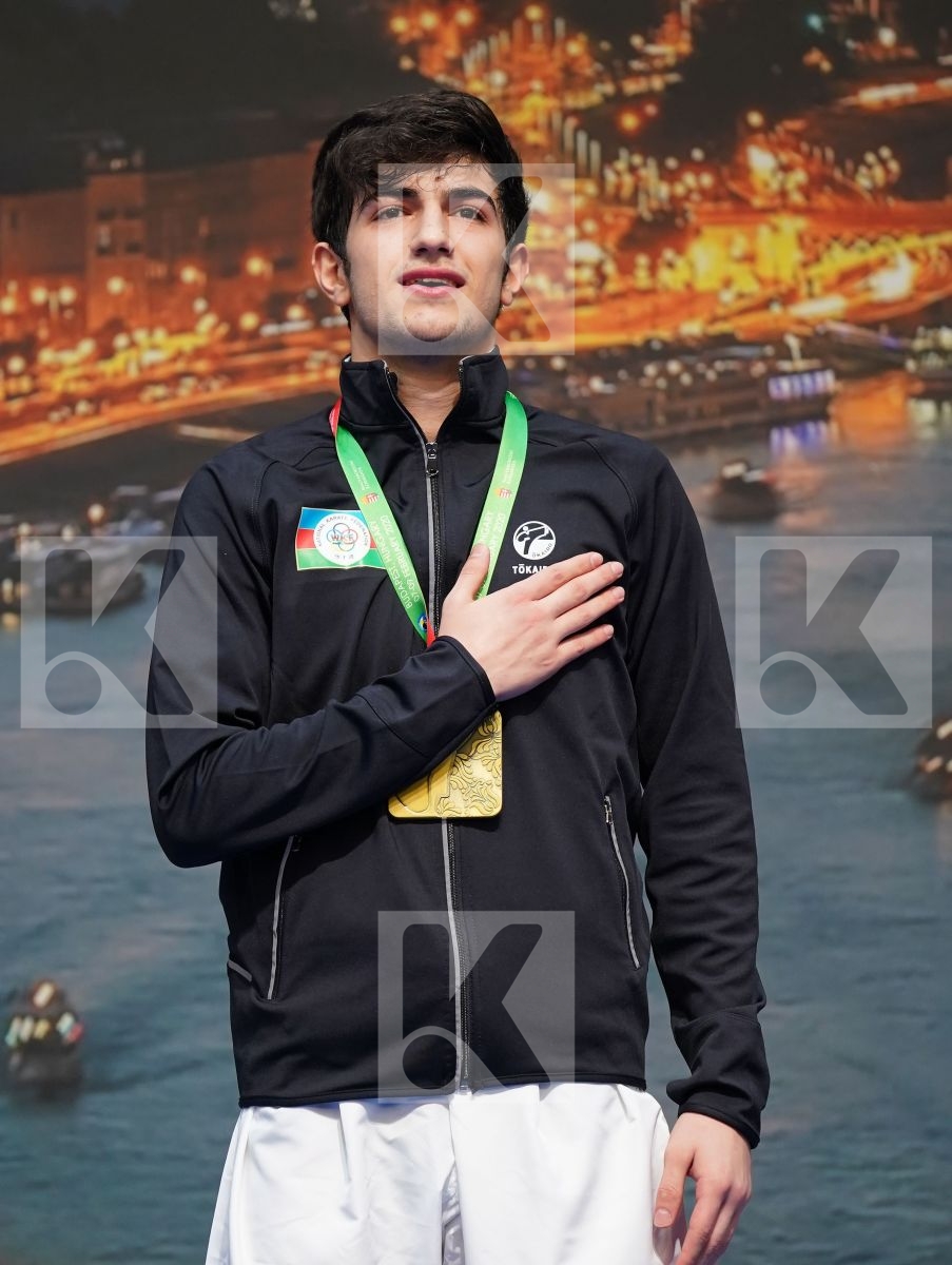 AGHAYEV FARID (AZERBAIJAN), YAMAN ALPEREN (TURKEY), PJETRAJ ARBEN (SWITZERLAND), FIORE MATTEO (ITALY) in Junior Kumite Male -76 Kg - Podium ceremony