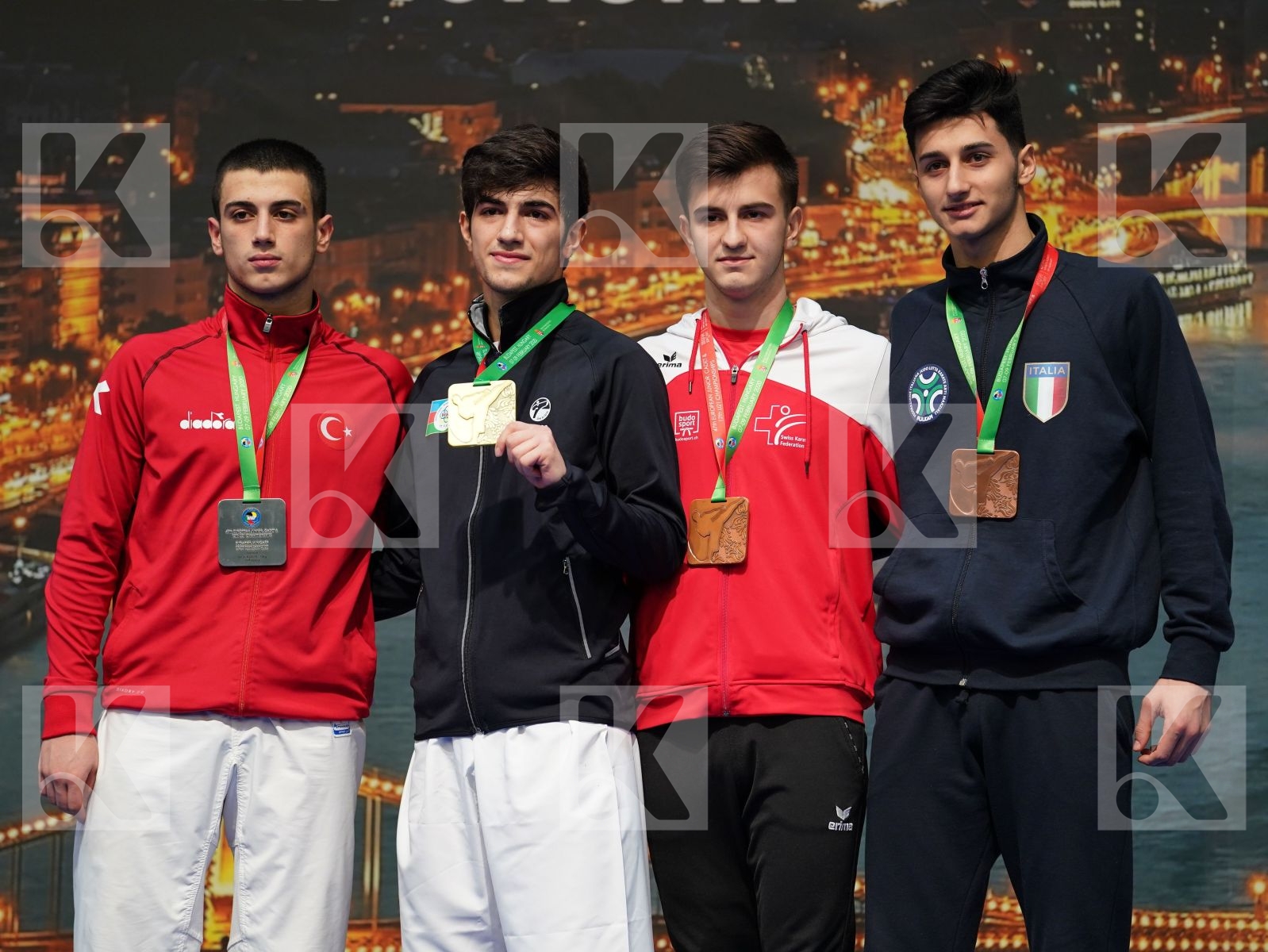 AGHAYEV FARID (AZERBAIJAN), YAMAN ALPEREN (TURKEY), PJETRAJ ARBEN (SWITZERLAND), FIORE MATTEO (ITALY) in Junior Kumite Male -76 Kg - Podium ceremony