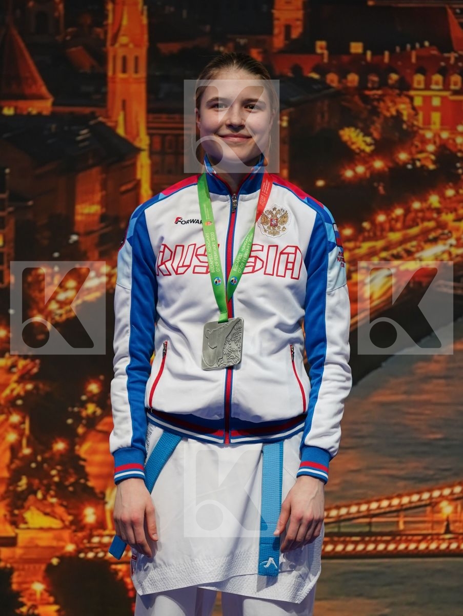 BARANYI ZSOFIA (HUNGARY), CHERNYSHEVA ANNA (RUSSIAN FEDERATION), SADIGOVA MADINA (AZERBAIJAN), GERVALLA ALBULENA (KOSOVO) in Under 21 Kumite Female -55 Kg - Podium ceremony