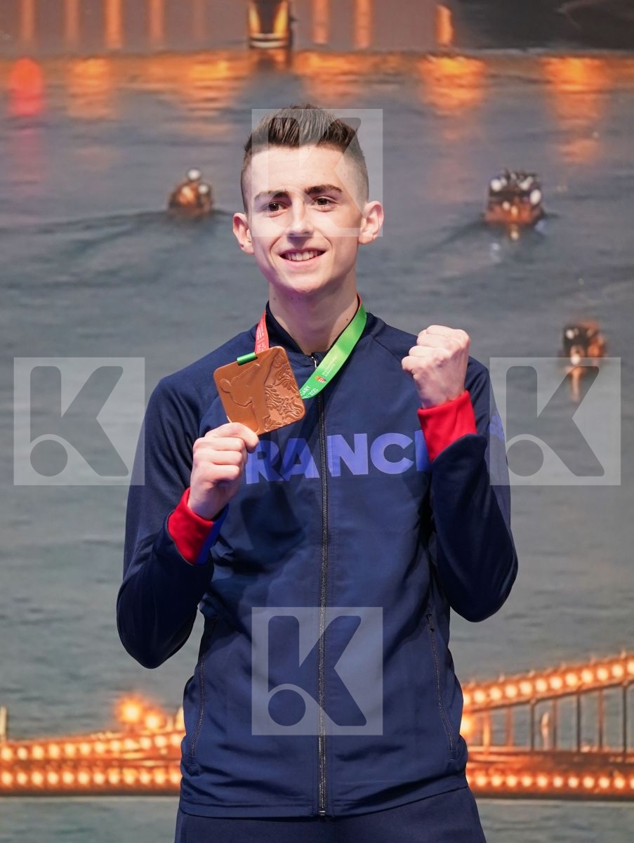 ATES OMER FARUK (TURKEY), XENOS CHRISTOS-STEFANOS (GREECE), SAVIN ILIA (RUSSIAN FEDERATION), BERTHON ENZO (FRANCE) in Under 21 Kumite Male -60 Kg - Podium ceremony