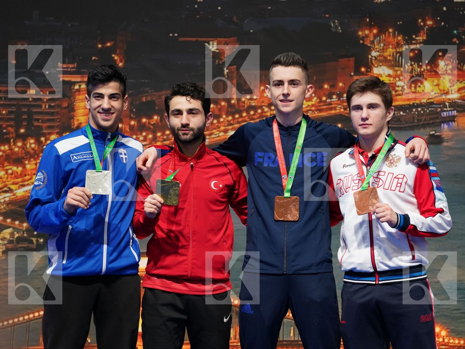 ATES OMER FARUK (TURKEY), XENOS CHRISTOS-STEFANOS (GREECE), SAVIN ILIA (RUSSIAN FEDERATION), BERTHON ENZO (FRANCE) in Under 21 Kumite Male -60 Kg - Podium ceremony