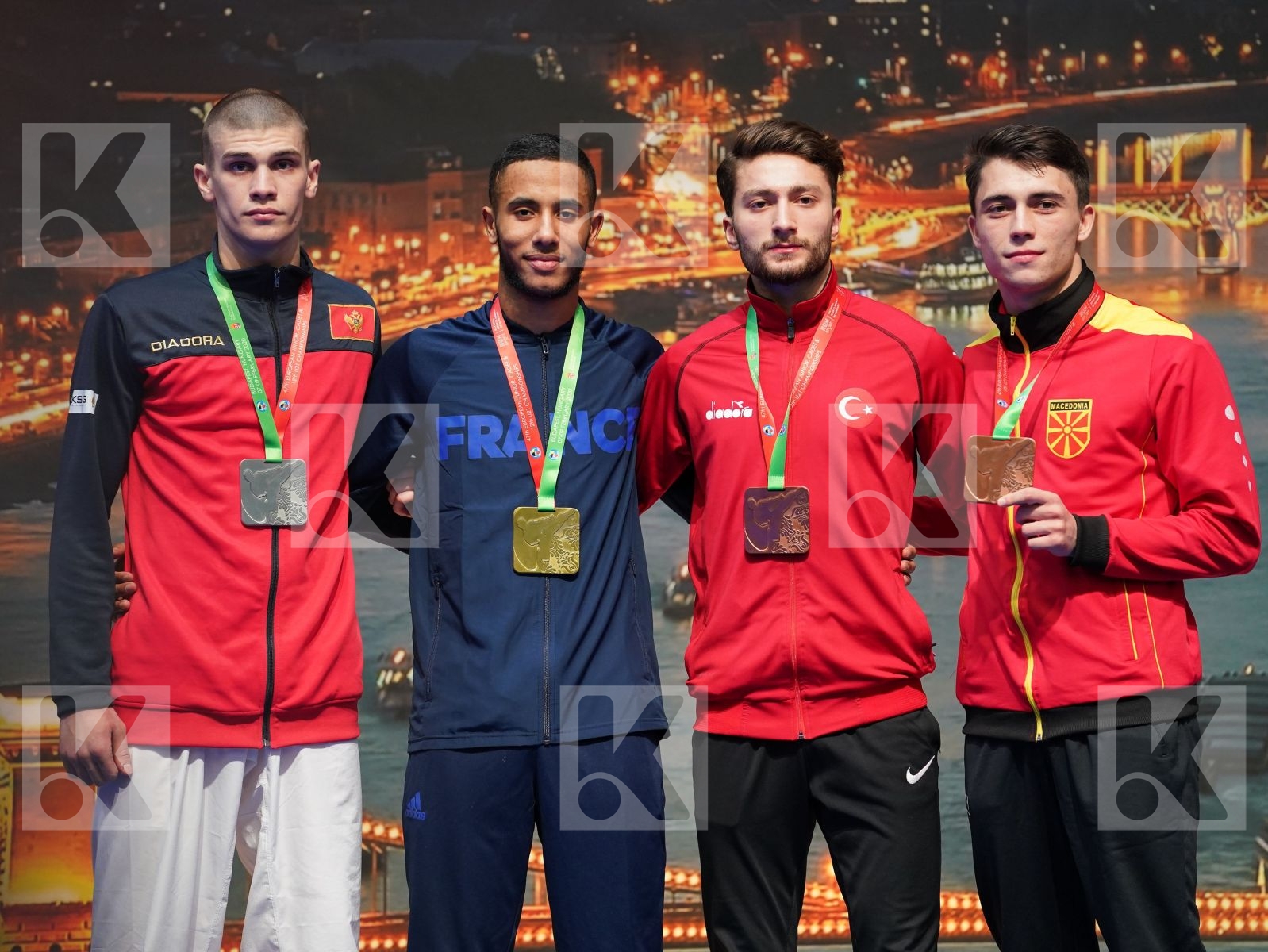 SALMI YOUNESSE (FRANCE), BOSKOVIC BOJAN (MONTENEGRO), OZER OMER ABDURRAHIM (TURKEY), ACKOVSKI ROBERTO (NORTH MACEDONIA) in Under 21 Kumite Male -67 Kg - Podium ceremony