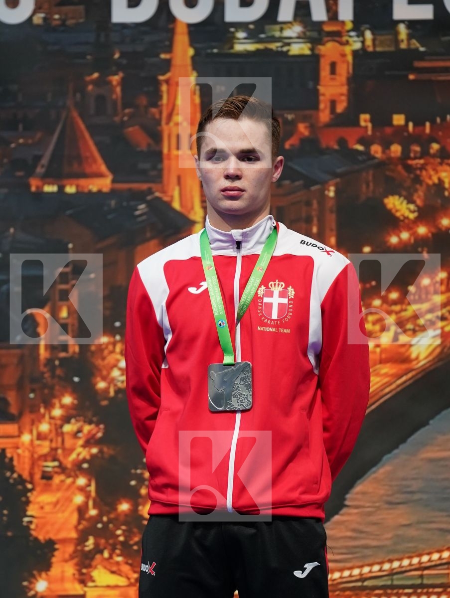 ALMEIDA TIAGO (PORTUGAL), NIELSEN CHRISTOFFER (DENMARK), GIORGADZE ZURAB (GEORGIA), MAMEDOV ASIMAN (RUSSIAN FEDERATION) in Under 21 Kumite Male -75 Kg - Podium ceremony