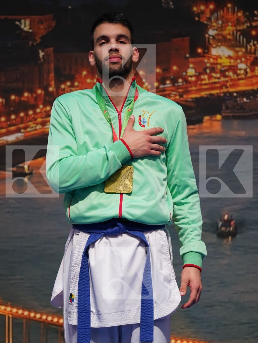 ALMEIDA TIAGO (PORTUGAL), NIELSEN CHRISTOFFER (DENMARK), GIORGADZE ZURAB (GEORGIA), MAMEDOV ASIMAN (RUSSIAN FEDERATION) in Under 21 Kumite Male -75 Kg - Podium ceremony
