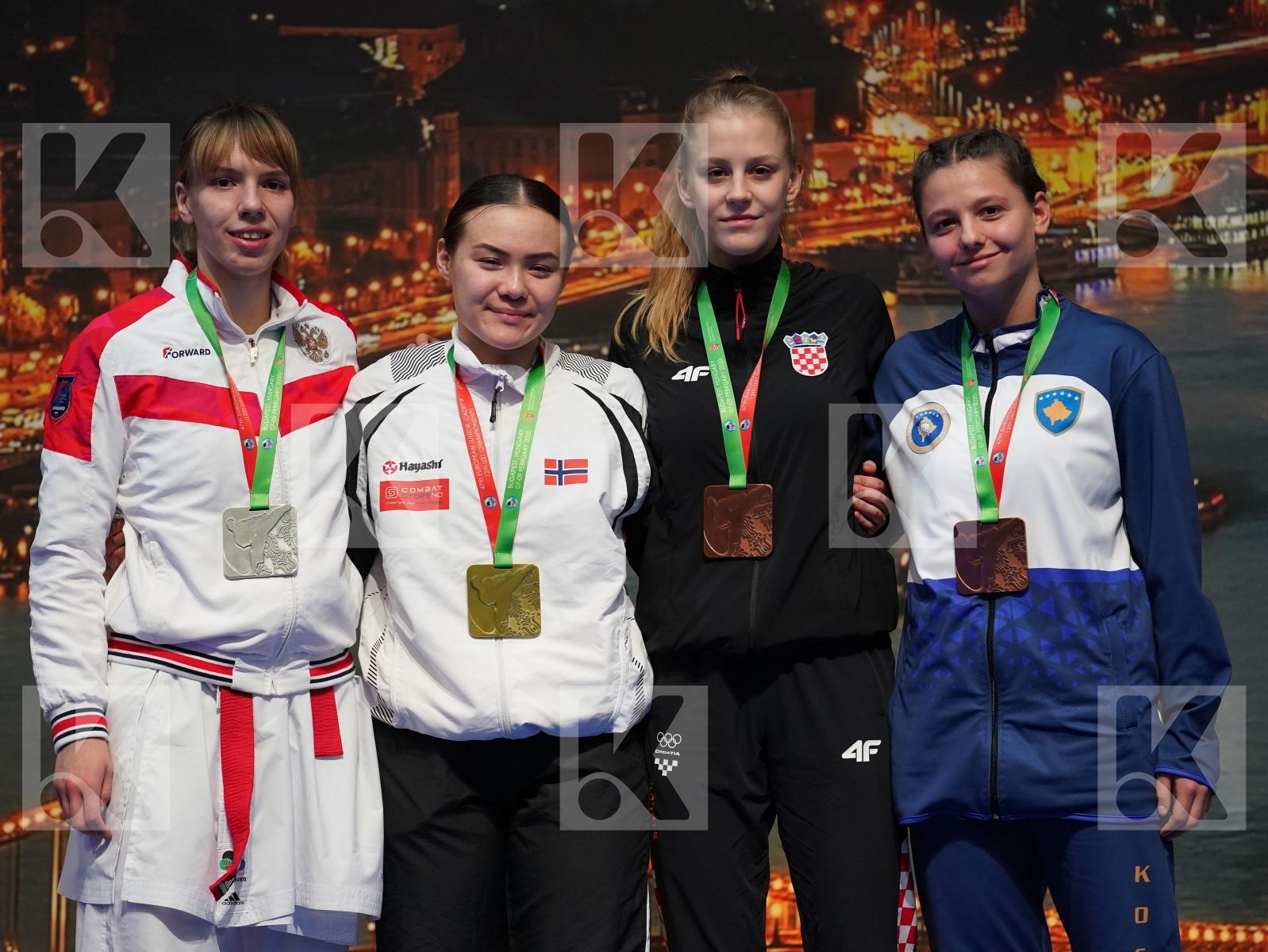 SAELID ANNIKA (NORWAY), ISAEVA VICTORIA (RUSSIAN FEDERATION), VUKOJA LEA (CROATIA), IBRAHIMI VESA (KOSOVO) in Under 21 Kumite Female -68 Kg - Podium ceremony