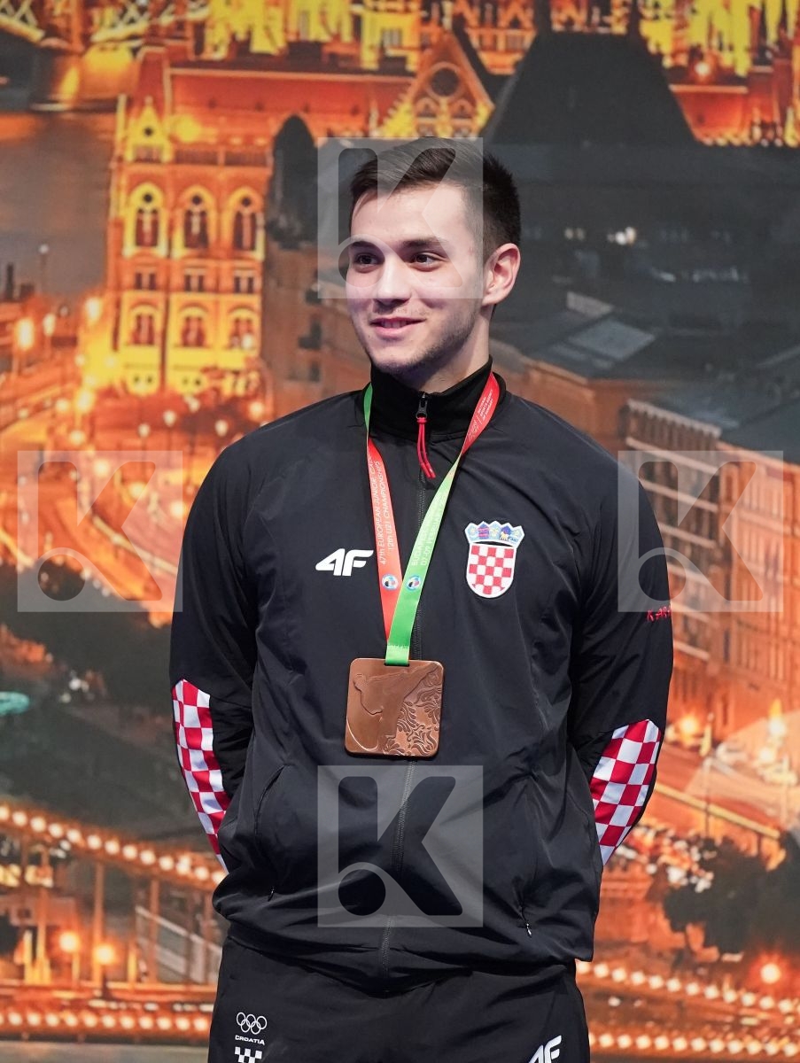 MASTROGIANNIS KONSTANTINOS (GREECE), ABDESSELEM RAYBAK (FRANCE), RESETAR RENATO (CROATIA), ZAPLITNYI ANDRII (UKRAINE) in Under 21 Kumite Male -84 Kg - Podium ceremony