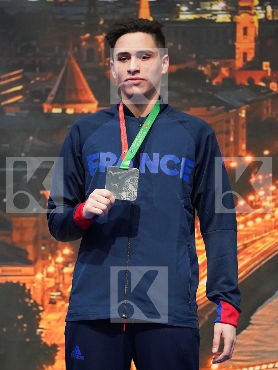 MASTROGIANNIS KONSTANTINOS (GREECE), ABDESSELEM RAYBAK (FRANCE), RESETAR RENATO (CROATIA), ZAPLITNYI ANDRII (UKRAINE) in Under 21 Kumite Male -84 Kg - Podium ceremony