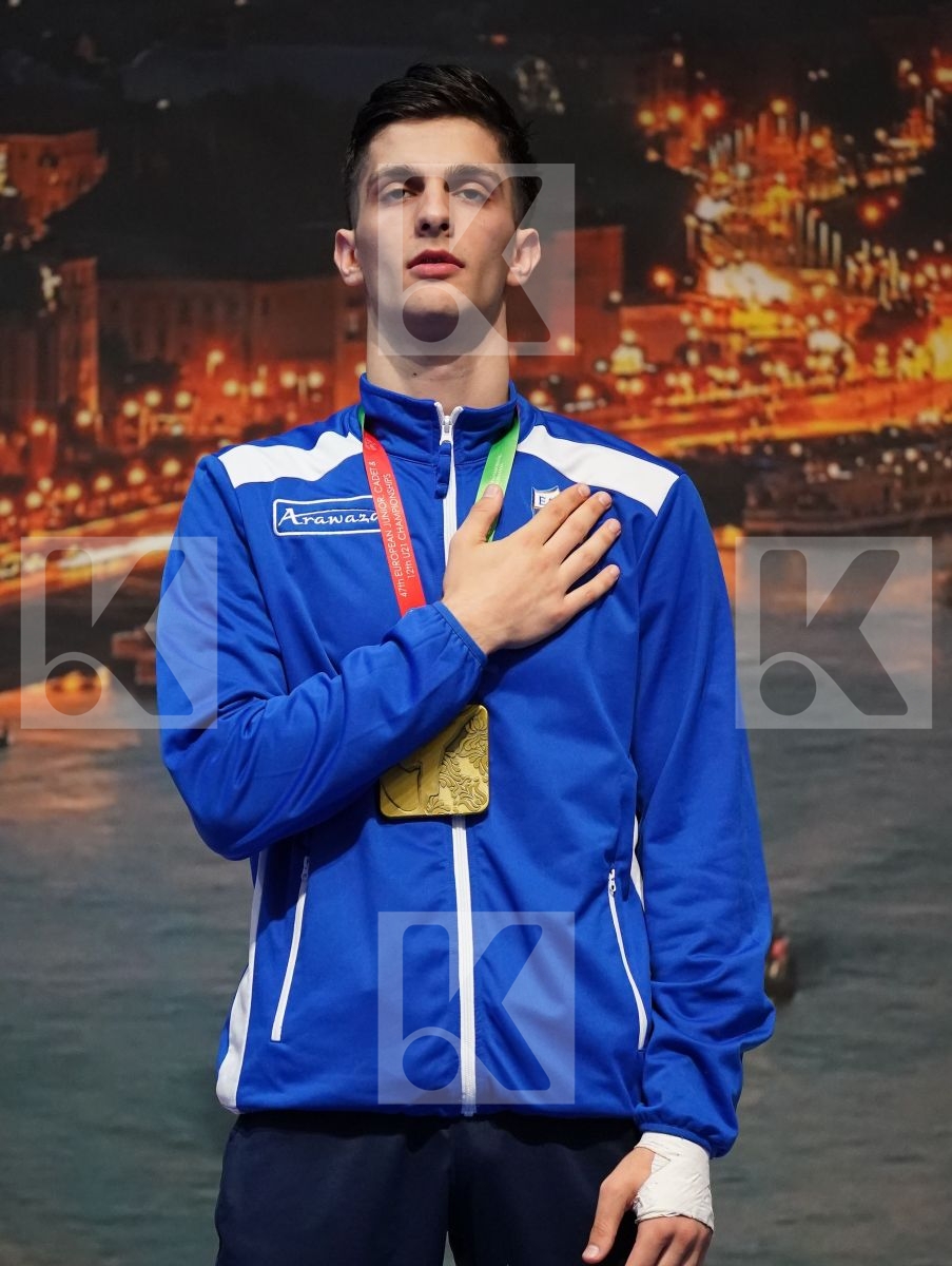 MASTROGIANNIS KONSTANTINOS (GREECE), ABDESSELEM RAYBAK (FRANCE), RESETAR RENATO (CROATIA), ZAPLITNYI ANDRII (UKRAINE) in Under 21 Kumite Male -84 Kg - Podium ceremony