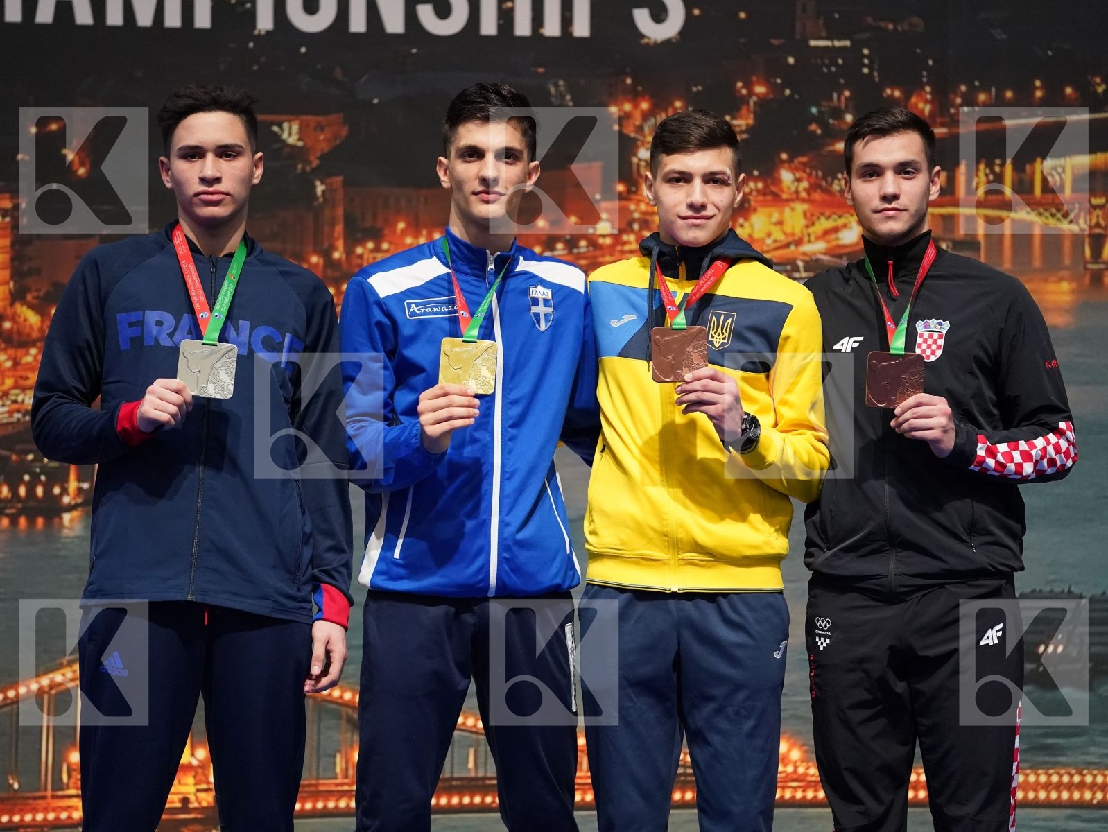 MASTROGIANNIS KONSTANTINOS (GREECE), ABDESSELEM RAYBAK (FRANCE), RESETAR RENATO (CROATIA), ZAPLITNYI ANDRII (UKRAINE) in Under 21 Kumite Male -84 Kg - Podium ceremony