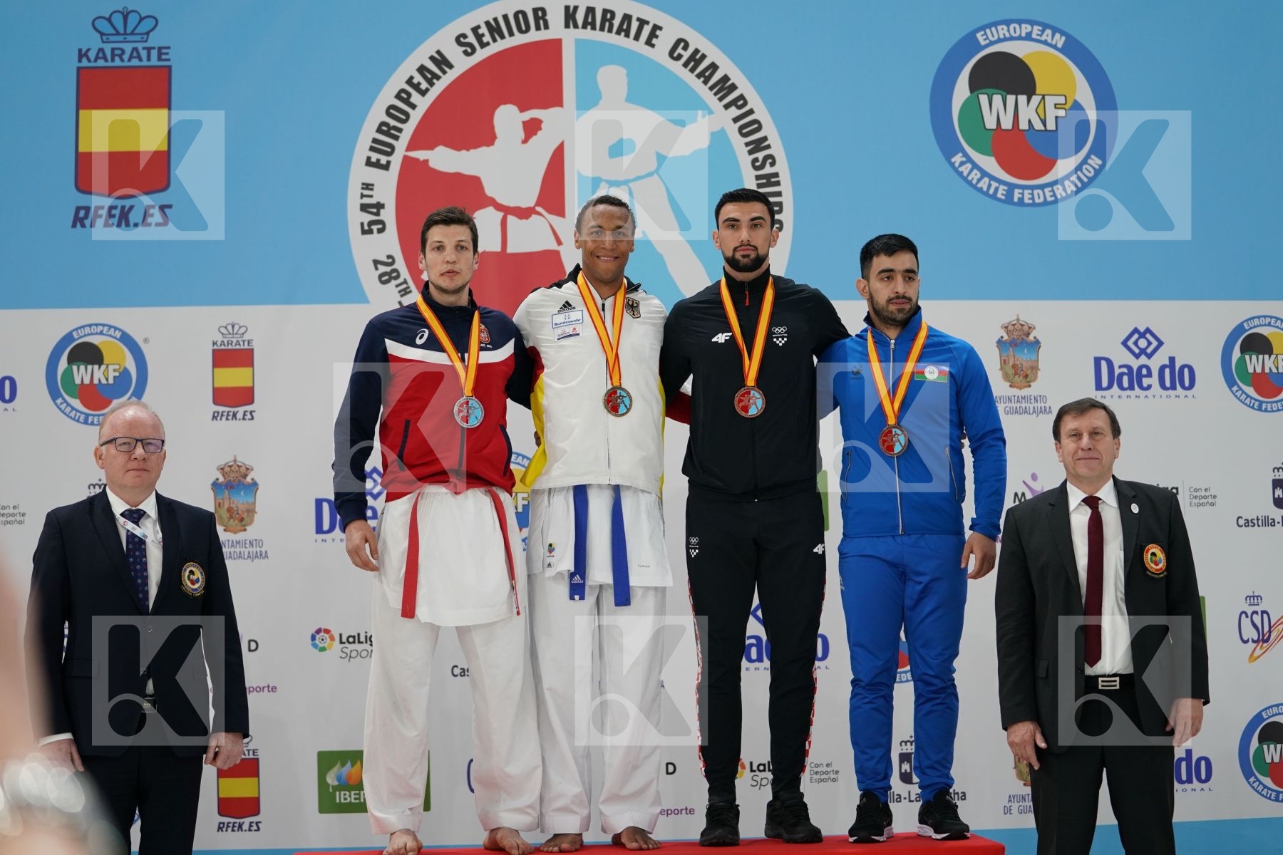 BITEVIC SLOBODAN (SERBIA), HORNE JONATHAN (GERMANY), KVESIC ANDJELO (CROATIA), GURBANLI ASIMAN (AZERBAIJAN) in Senior Kumite 84+ Kg - Podium ceremony