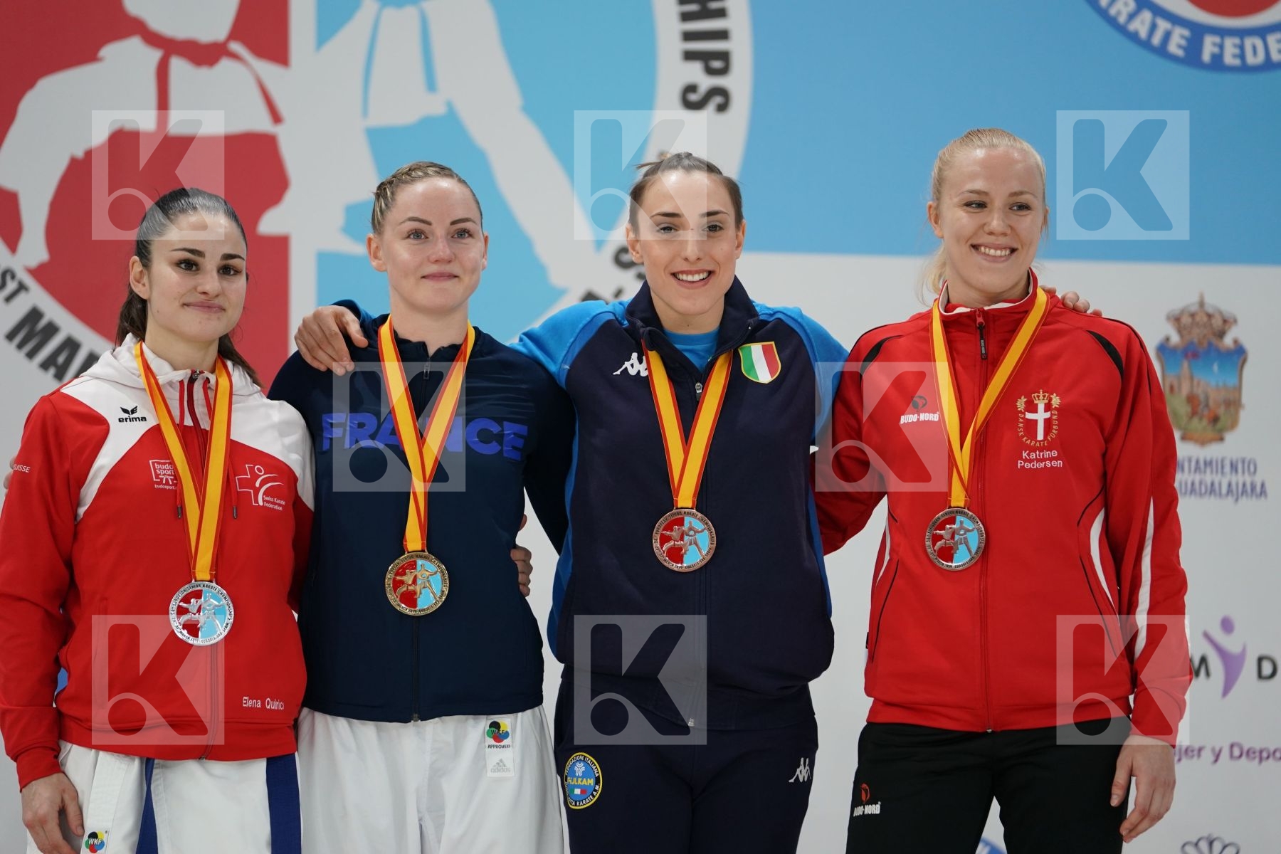 AGIER ALIZEE (FRANCE), QUIRICI ELENA (SWITZERLAND), SEMERARO SILVIA (ITALY), PEDERSEN KATRINE (DENMARK) in Senior Kumite -68 Kg - Podium ceremony