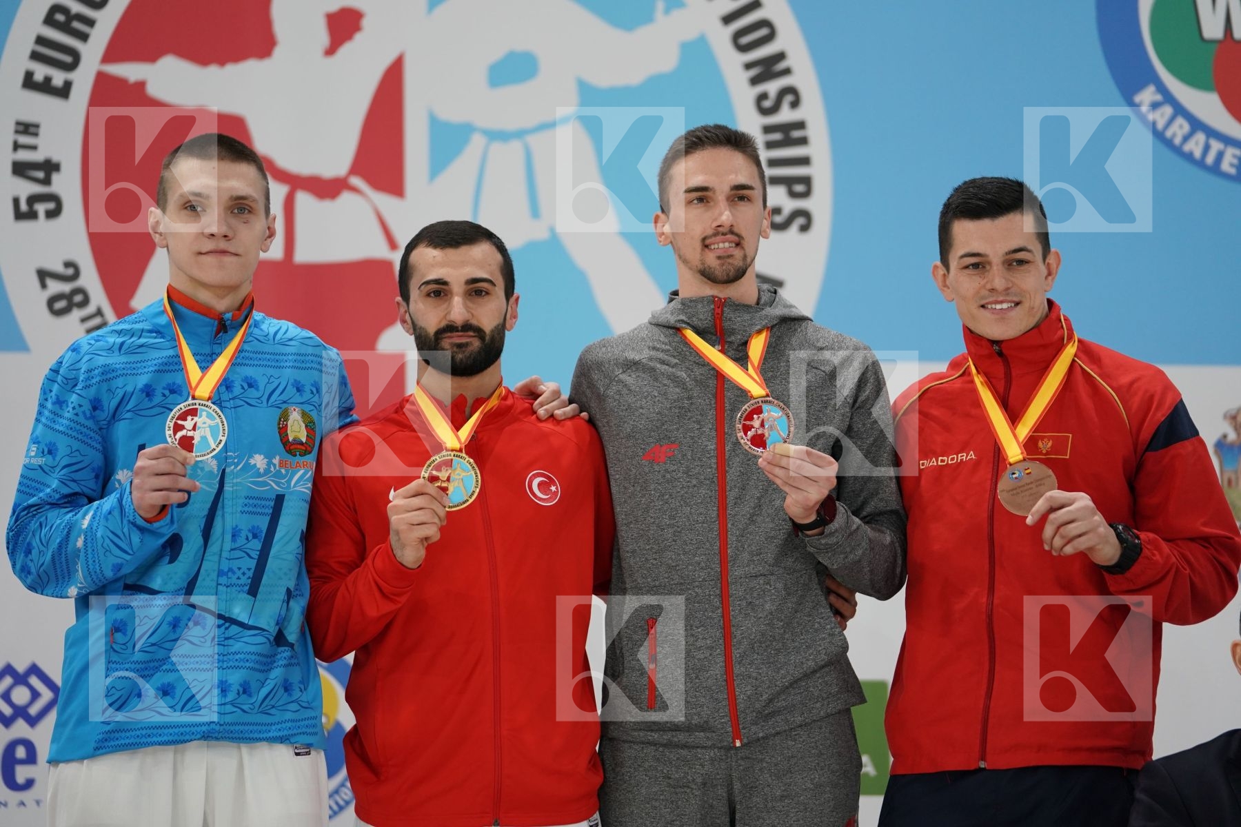 ISAKAU ANTON (BELARUS), AKTAS UGUR (TURKEY), KVESIC IVAN (CROATIA), MALOVIC NIKOLA (MONTENEGRO) in Senior Kumite -84 Kg - Podium ceremony