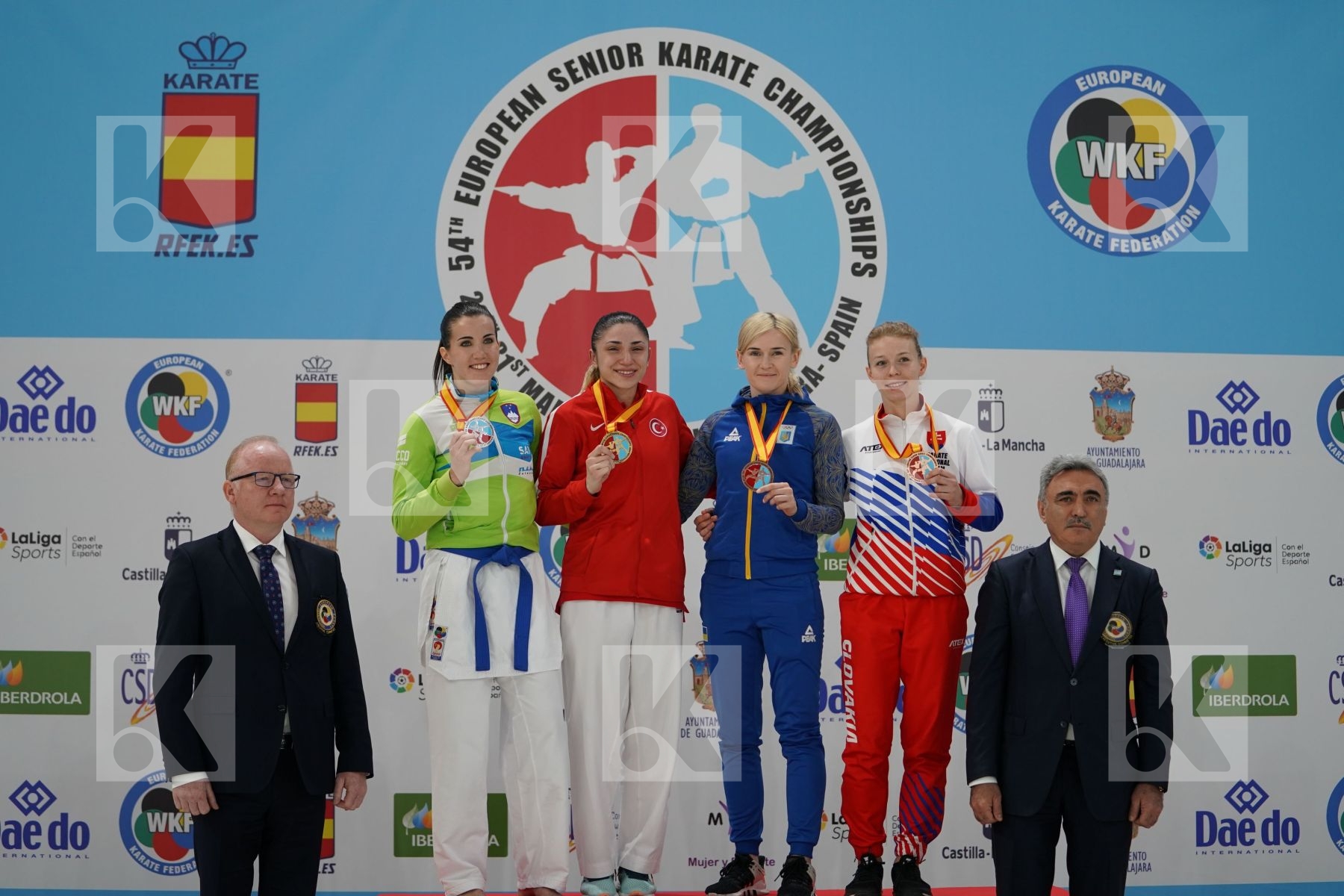 COBAN MERVE (TURKEY), RISTIC TJASA (SLOVENIA), SEROGINA ANITA (UKRAINE), SUCHANKOVA INGRIDA (SLOVAKIA) in Senior Kumite -61 Kg - Podium ceremony