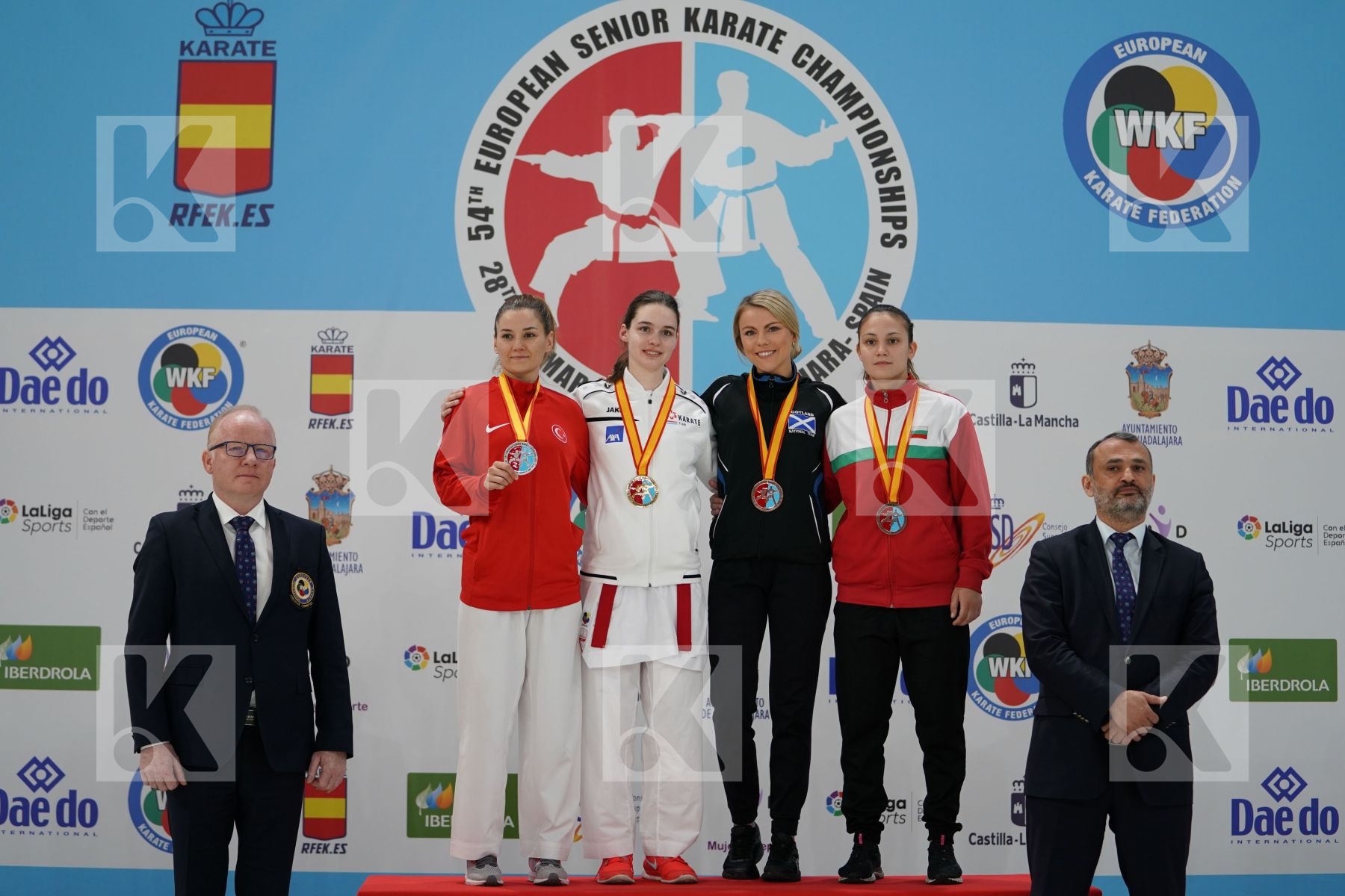 WARLING JENNIFER (LUXEMBOURG), YAKAN TUBA (TURKEY), CONNELL AMY (SCOTLAND), GORANOVA IVET (BULGARIA) in Senior Kumite -55 Kg - Podium ceremony