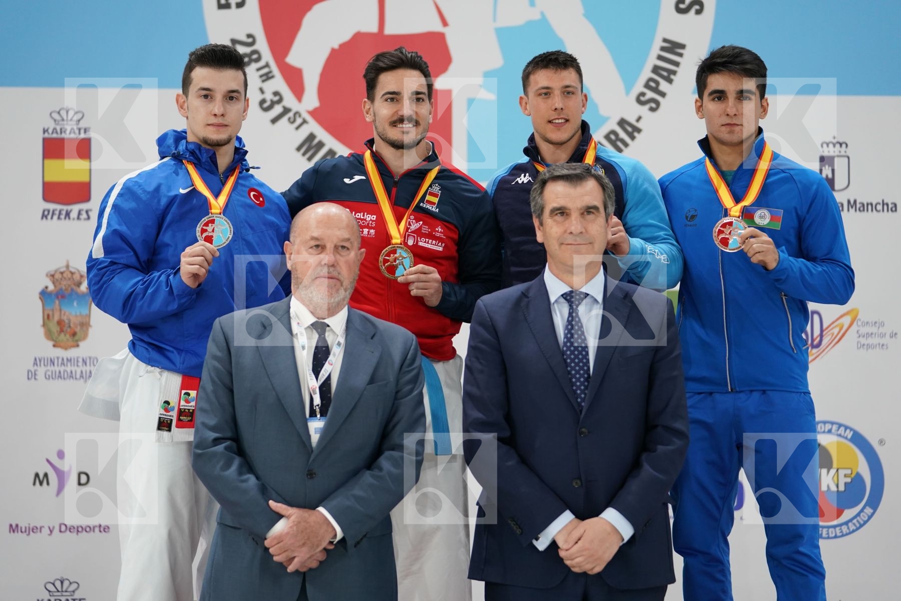 SOFUOGLU ALI (TURKEY), QUINTERO CAPDEVILA DAMIAN HUGO (SPAIN), BUSATO MATTIA (ITALY), HEYDAROV ROMAN (AZERBAIJAN) in Senior Male Kata - Podium ceremony