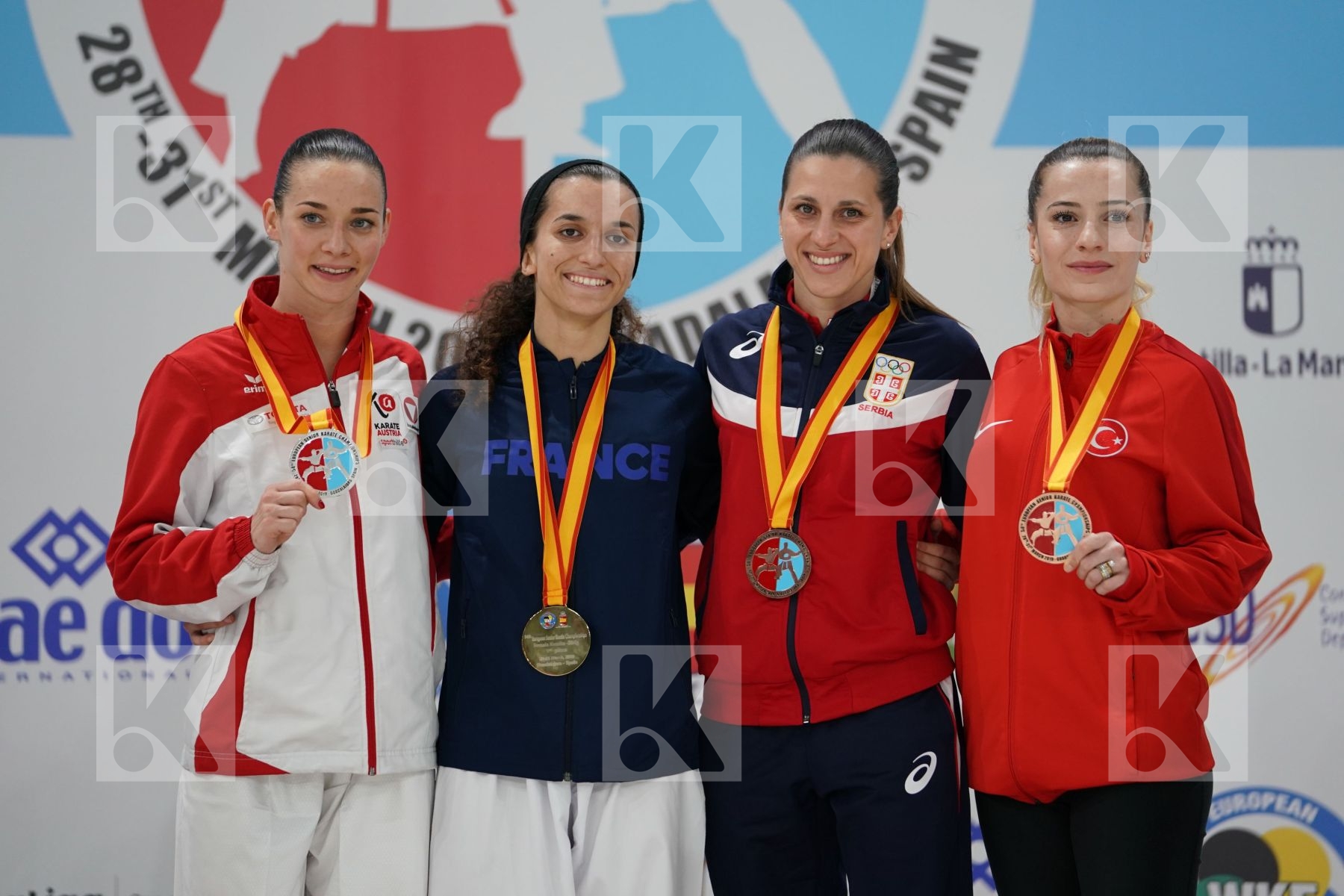 PLANK BETTINA (AUSTRIA), BOUDERBANE SOPHIA (FRANCE), MILIVOJCEVIC JELENA (SERBIA), OZCELIK ARAPOGLU SERAP (TURKEY) in Senior Kumite -50 Kg - Podium ceremony