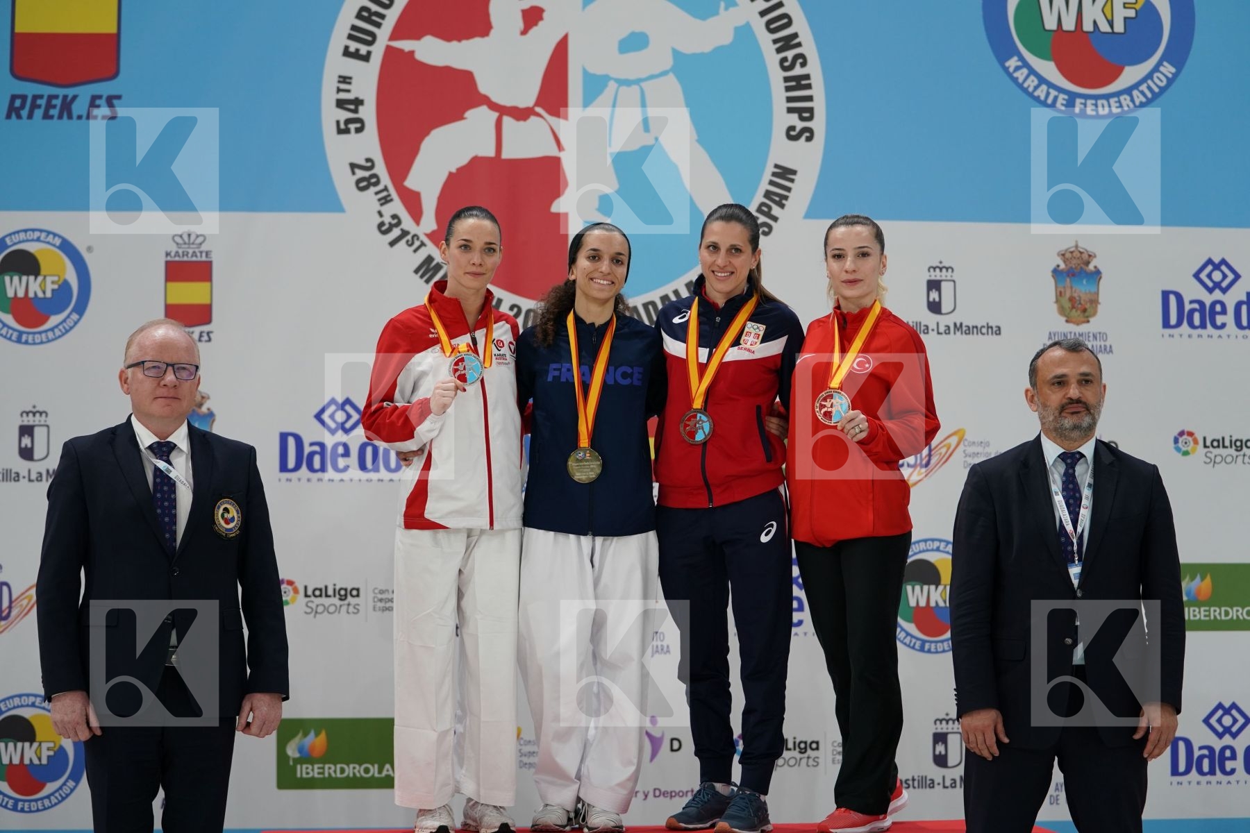 PLANK BETTINA (AUSTRIA), BOUDERBANE SOPHIA (FRANCE), MILIVOJCEVIC JELENA (SERBIA), OZCELIK ARAPOGLU SERAP (TURKEY) in Senior Kumite -50 Kg - Podium ceremony