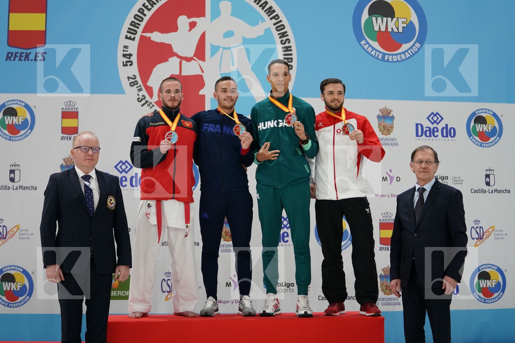 HODZIC MARIO (MONTENEGRO), DACOSTA STEVEN (FRANCE), TADISSI YVES MARTIAL (HUNGARIA), POKORNY STEFAN (AUSTRIA) in Senior Kumite -67 Kg - Podium ceremony