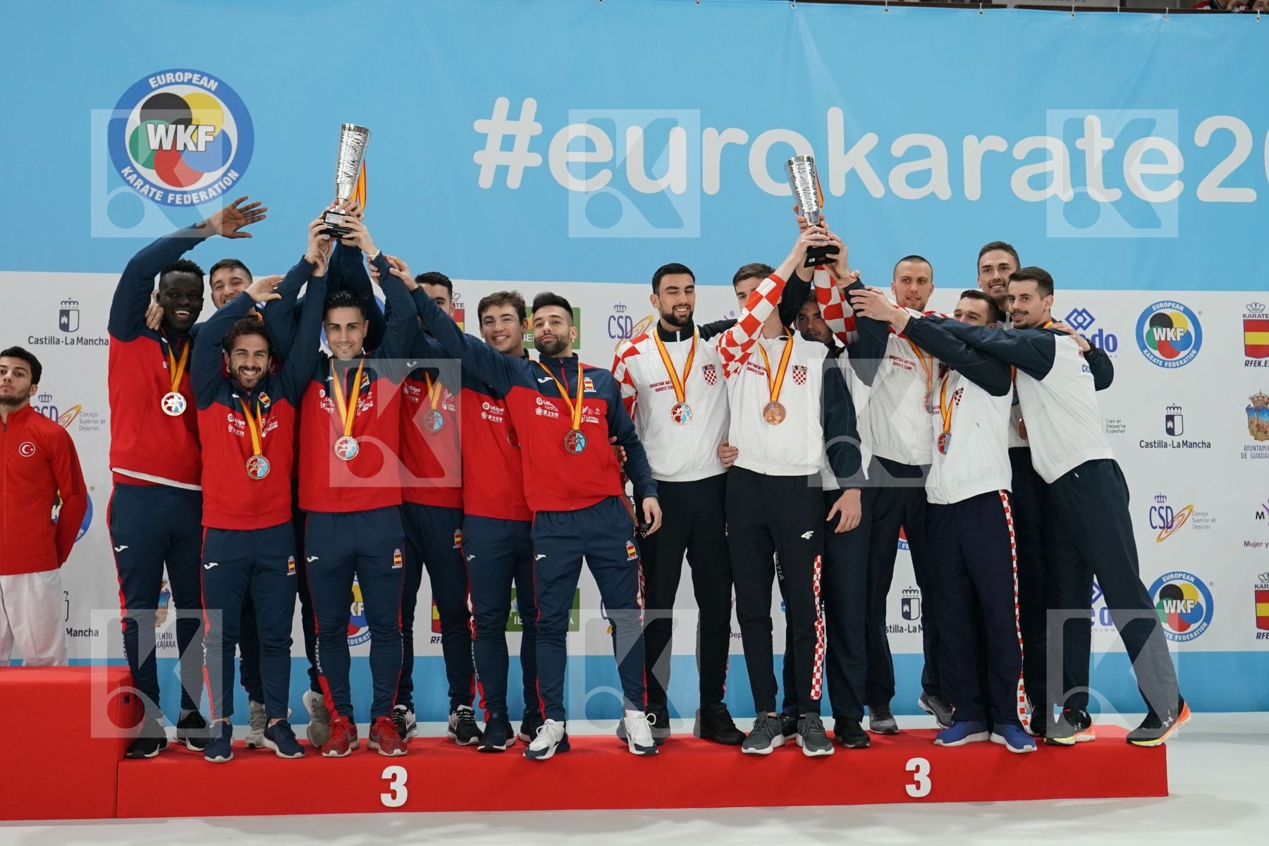 SPAIN, CROATIA in Senior Team Male Kumite - Podium ceremony