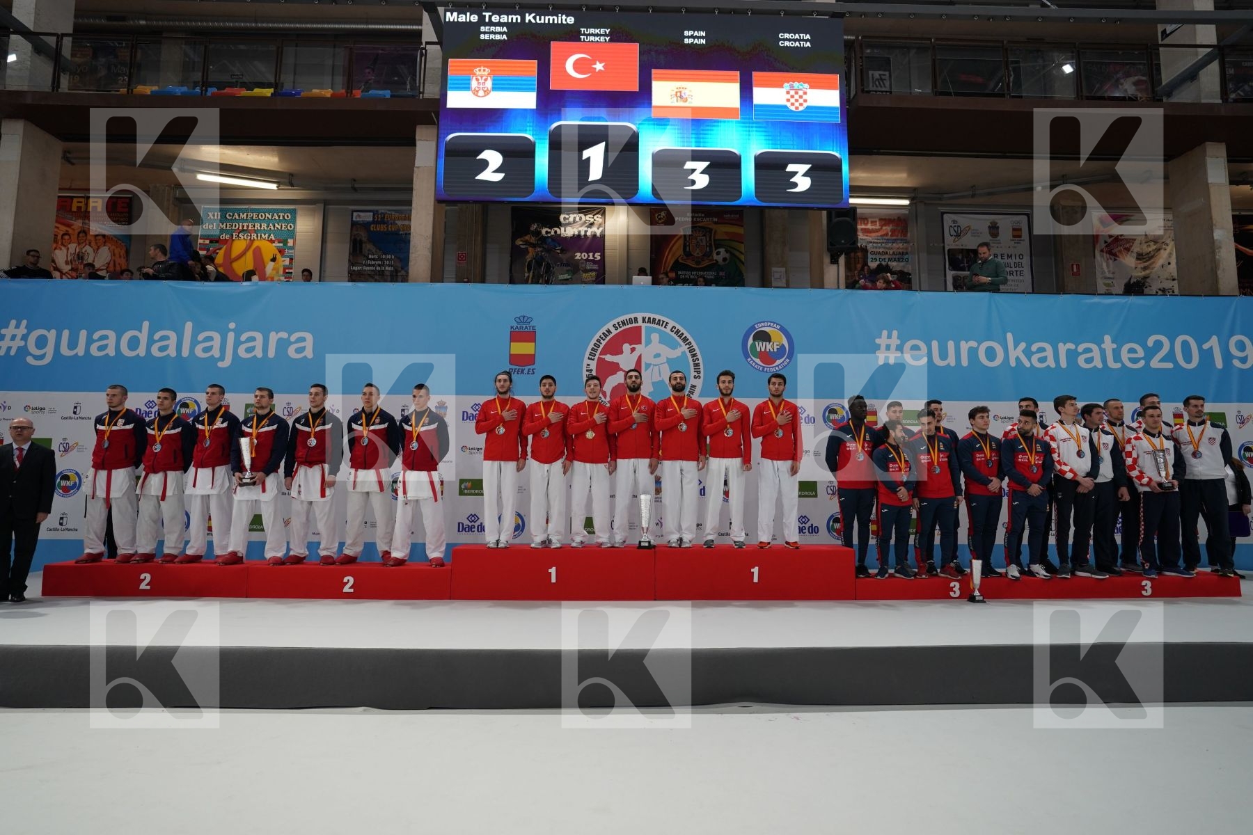 TURKEY, SPAIN, CROATIA, SERBIA in Senior Team Male Kumite - Podium ceremony