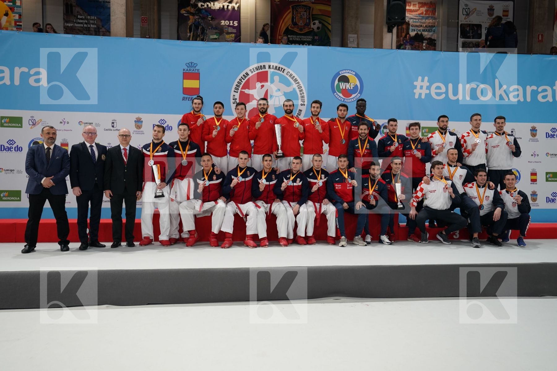 TURKEY, SPAIN, CROATIA, SERBIA in Senior Team Male Kumite - Podium ceremony