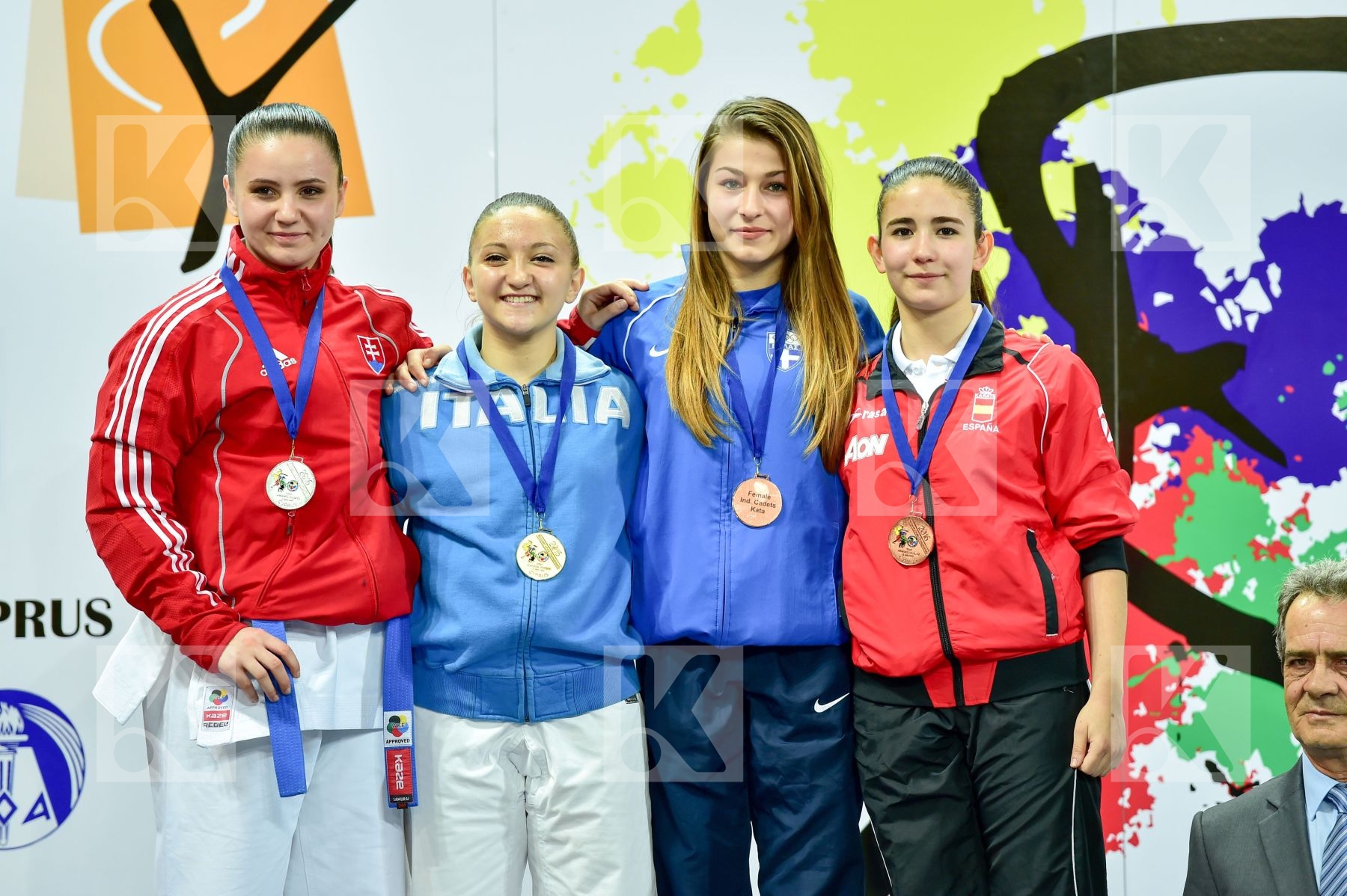 Photo taken during podium of European Cadet, Junior & U21 champi