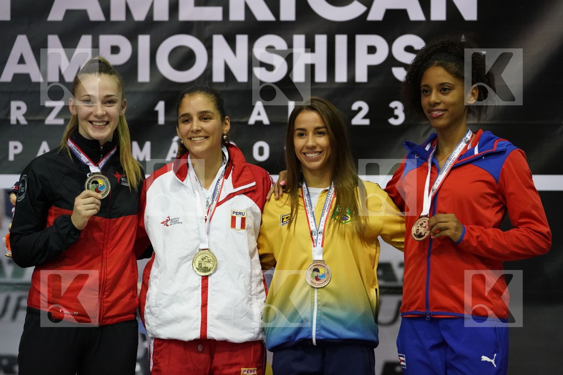 VINDROLA ALESSANDRA (PERU), CAMPBELL KATHRYN (CANADA), KUMIZAKI VALERIA (BRAZIL), TORRES ALVERDI BAURELYS DE LA CARIDAD (CUBA) in Senior Kumite -55 Kg - podium