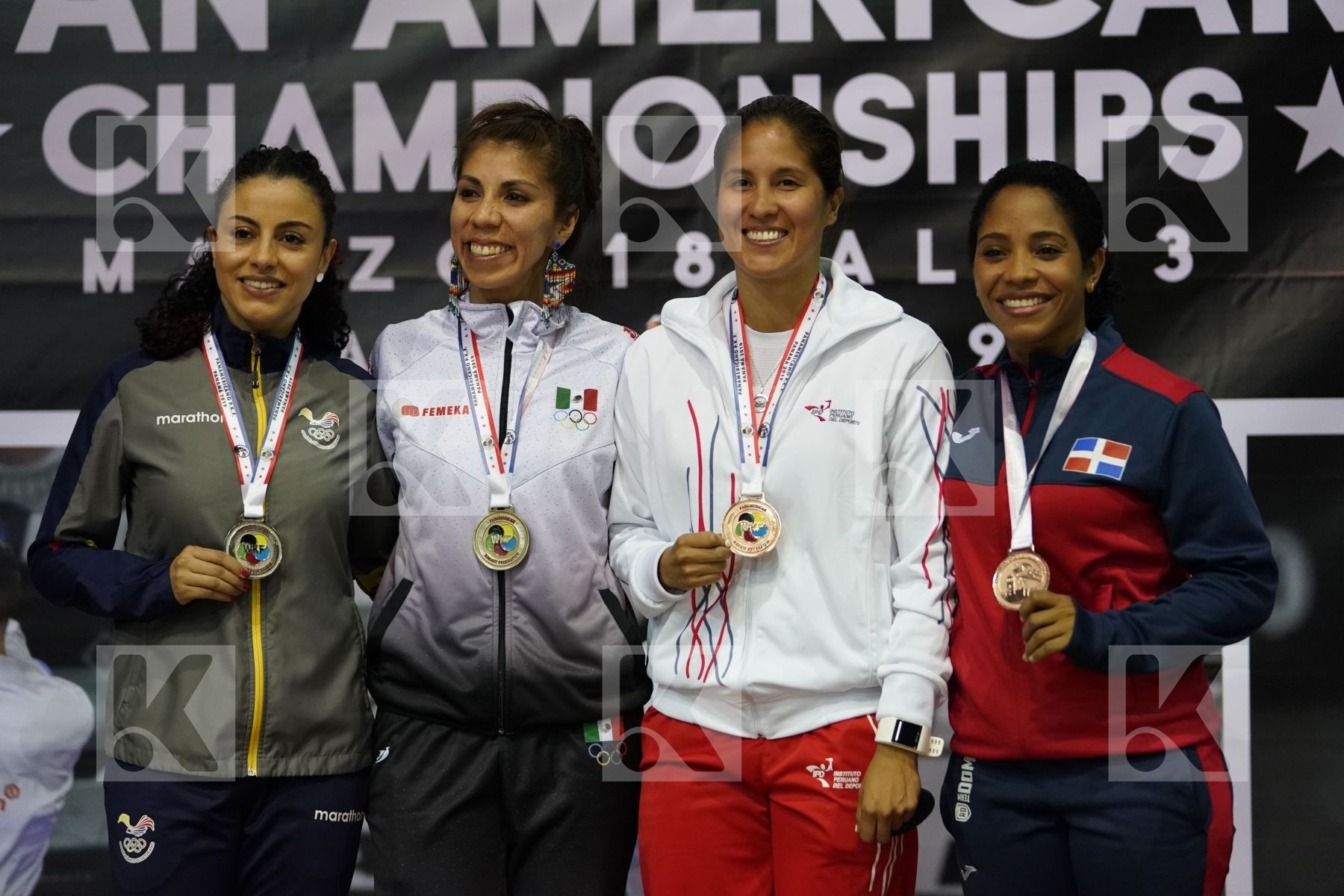 ARREOLA MERILLELA (MEXICO), FACTOS JACQUELINE (ECUADOR), GRANDE ALEXANDRA (PERU), DIAZ MEDINA KARINA (DOMINICAN REPUBLIC) in Senior Kumite -61 Kg - podium