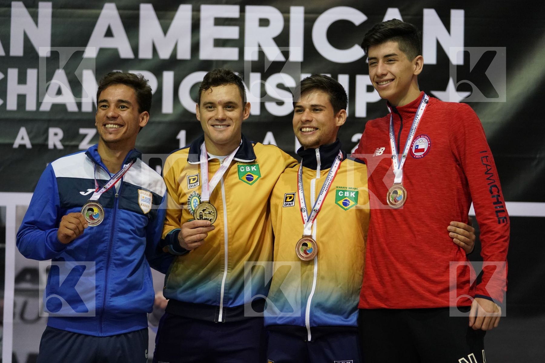 BROSE DOUGLAS (BRAZIL), LARROSA MAXIMILIANO (URUGUAY), NASCIMENTO RAFAEL (BRAZIL), GONZALEZ LAVIN JOAQUIN (CHILE) in Senior Kumite -60 Kg - podium
