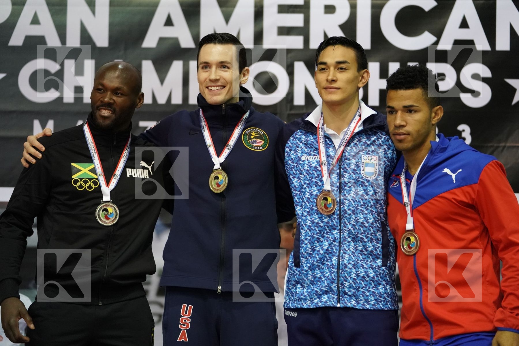 SCOTT THOMAS (UNITED STATES), BROWN ALTON (JAMAICA), ICHIKI JULIO (ARGENTINA), DIAZ TORRES DARIAN ANTONIO (CUBA) in Senior Kumite -75 Kg - podium
