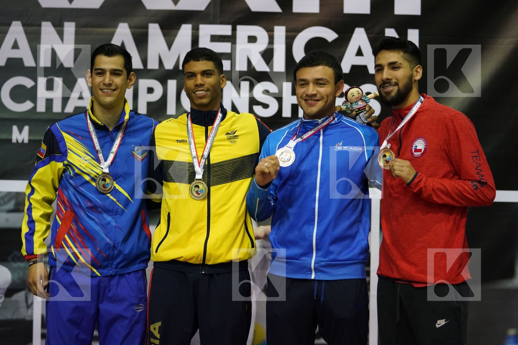 HENAO AMU RUBEN DARIO (COLOMBIA), VALERA FREDDY (VENEZUELA), MERINO JORGE (EL SALVADOR), HUAIQUIMAN FABIAN (CHILE) in Senior Kumite -84 Kg - podium