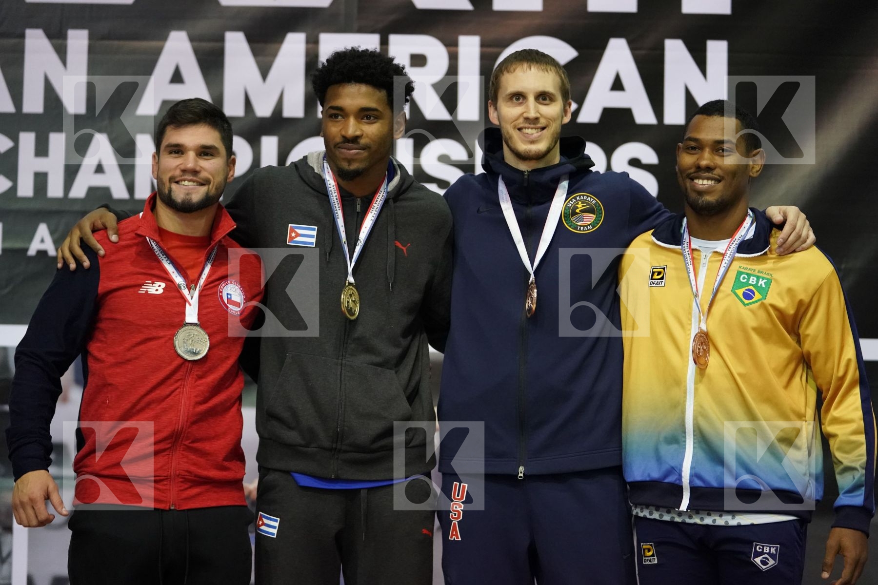 CHAPMAN MORA LAZARO JORDAN (CUBA), ROJAS RODRIGO (CHILE), IRR BRIAN (UNITED STATES), RAMOS ADAM (BRAZIL) in Senior Kumite 84+ Kg - podium