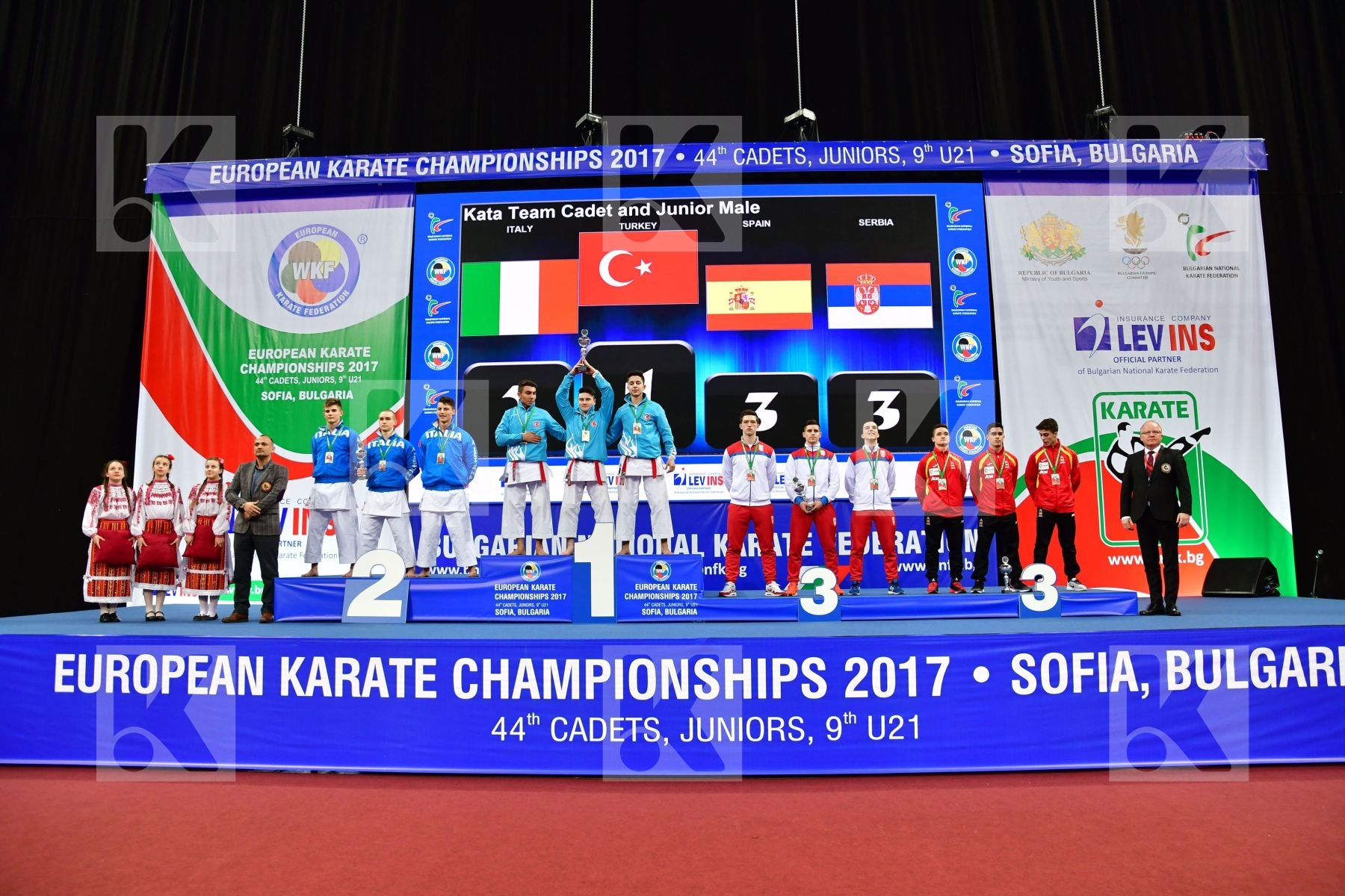 Italy Kata team cadet and junior male podium Serbia Spain Turkey