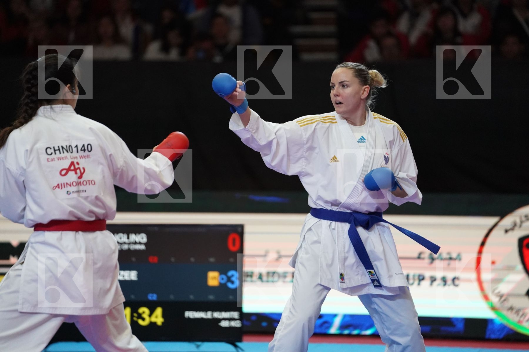 TANG LINGLING (CHINA) VS AGIER ALIZEE (FRANCE) in Senior Kumite -68 Kg - Bronze bout