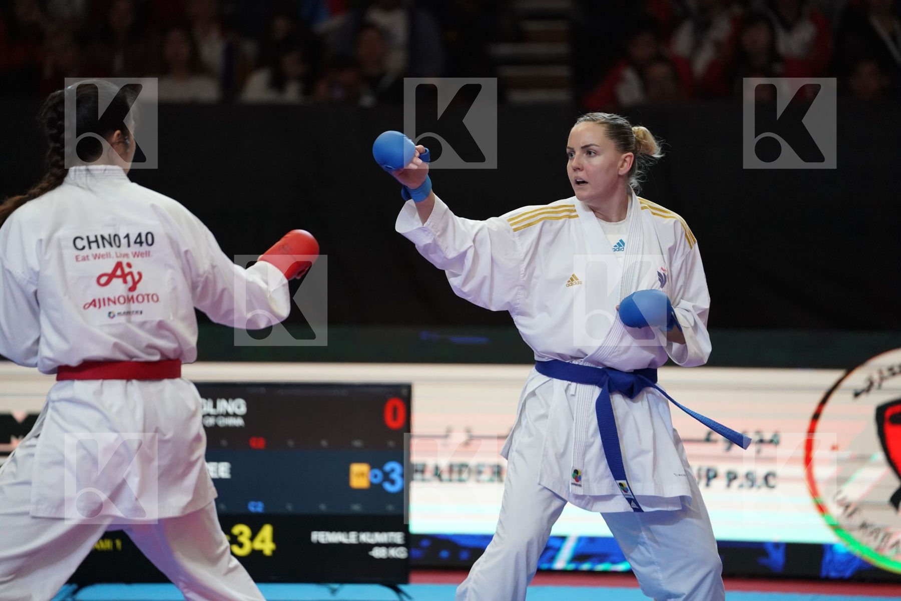 TANG LINGLING (CHINA) VS AGIER ALIZEE (FRANCE) in Senior Kumite -68 Kg - Bronze bout