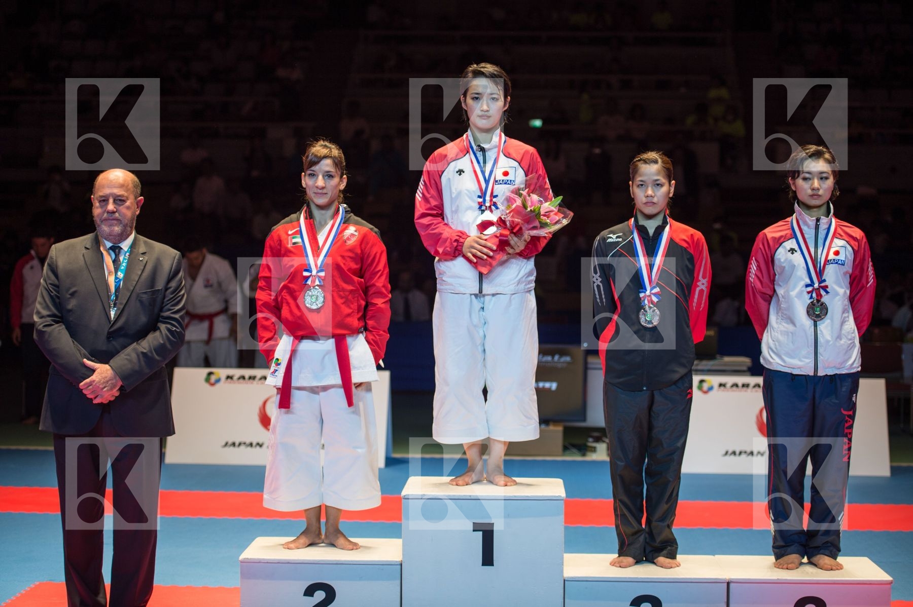 female Hirota Shimizu Kiyou Iwamoto Emiri Japan kata podiums San