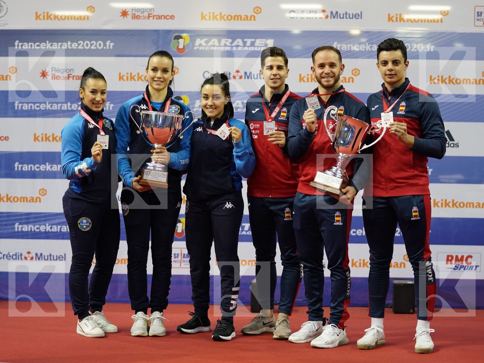 SPAIN, ITALY Kata team Silver Podium ceremony