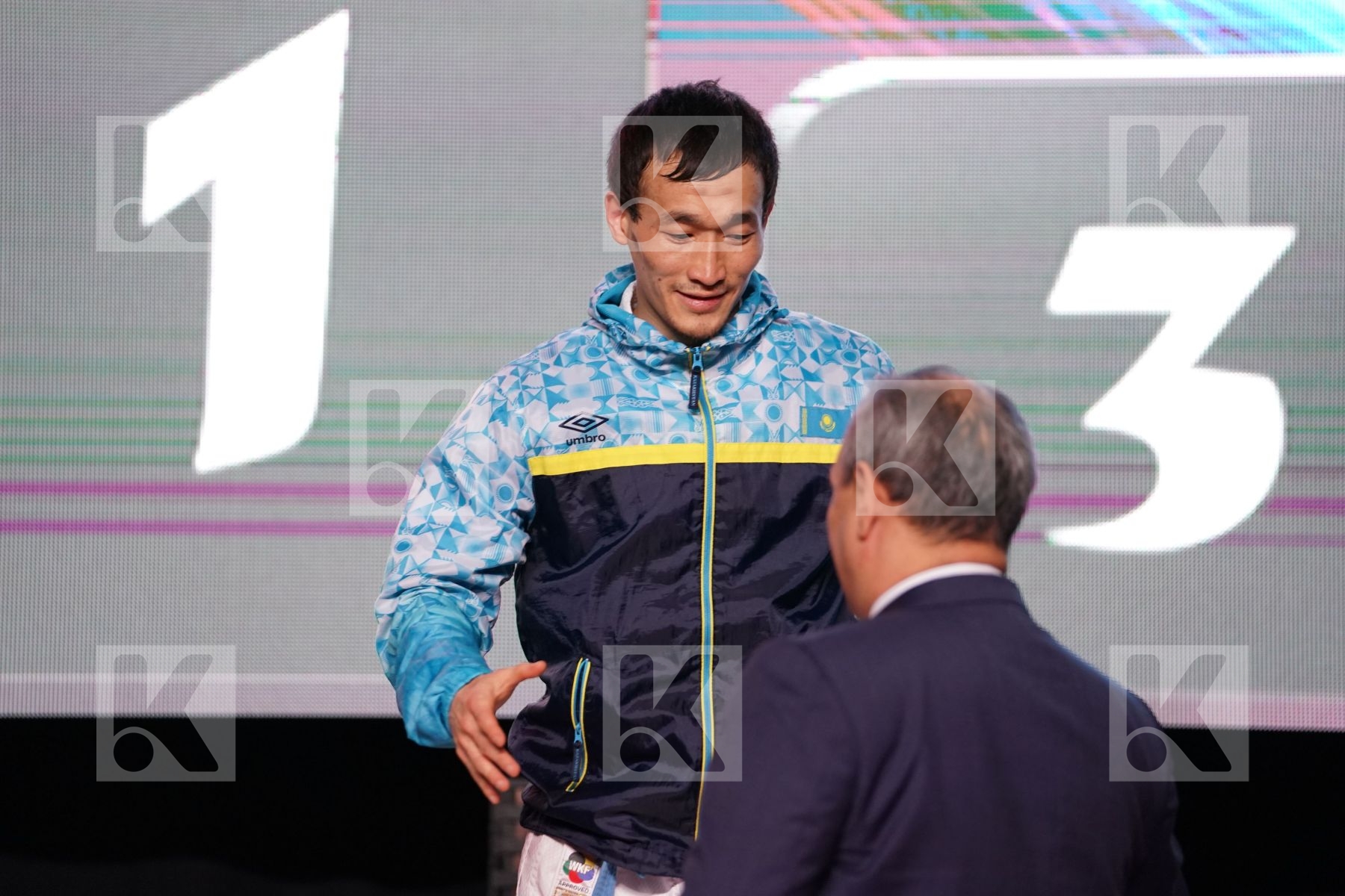 ERAY SAMDAN (TURKEY), DARKHAN ASSADILOV (KAZAKHSTAN), MALEK SALAMA (EGYPT), KAISAR ALPYSBAY (KAZAKHSTAN) in Senior Kumite -60 Kg - podium ceremony