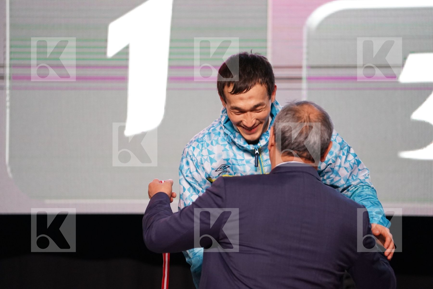ERAY SAMDAN (TURKEY), DARKHAN ASSADILOV (KAZAKHSTAN), MALEK SALAMA (EGYPT), KAISAR ALPYSBAY (KAZAKHSTAN) in Senior Kumite -60 Kg - podium ceremony