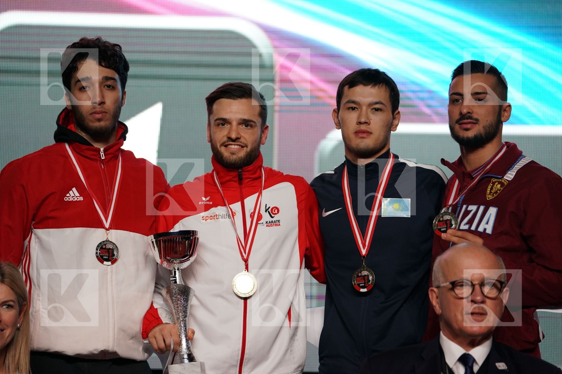 STEFAN POKORNY (AUSTRIA), ALI ELSAWY (EGYPT), MUSSA BEXULTAN (KAZAKHSTAN), LUCA MARESCA (ITALY) in Senior Kumite -67 Kg - podium ceremony