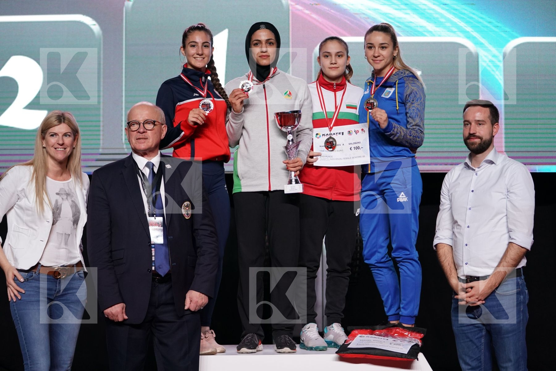 VALENTINA TORO MENESES (CHILE) VS TARAVAT KHAKSAR (ISLAMIC REPUBLIC OF IRAN), IVET GORANOVA (BULGARIA), ANZHELIKA TERLIUGA (UKRAINE) in Senior Kumite -55 Kg - podium ceremony