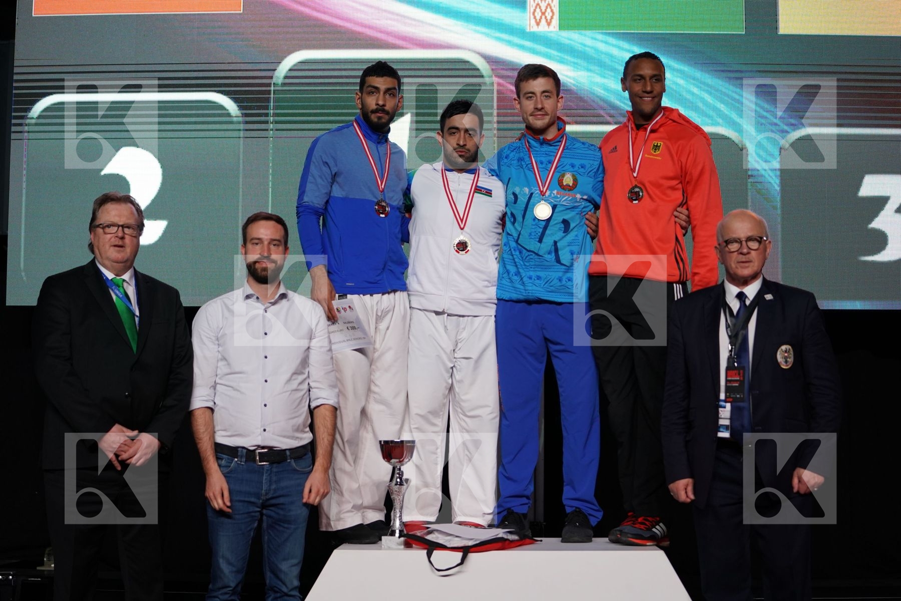 SALEH ABAZARI (ISLAMIC REPUBLIC OF IRAN), ASIMAN GURBANLI (AZERBAIJAN), ANDREI GRINEVICH (BELARUS), JONATHAN HORNE (GERMANY) in Senior Kumite 84+ Kg - podium ceremony