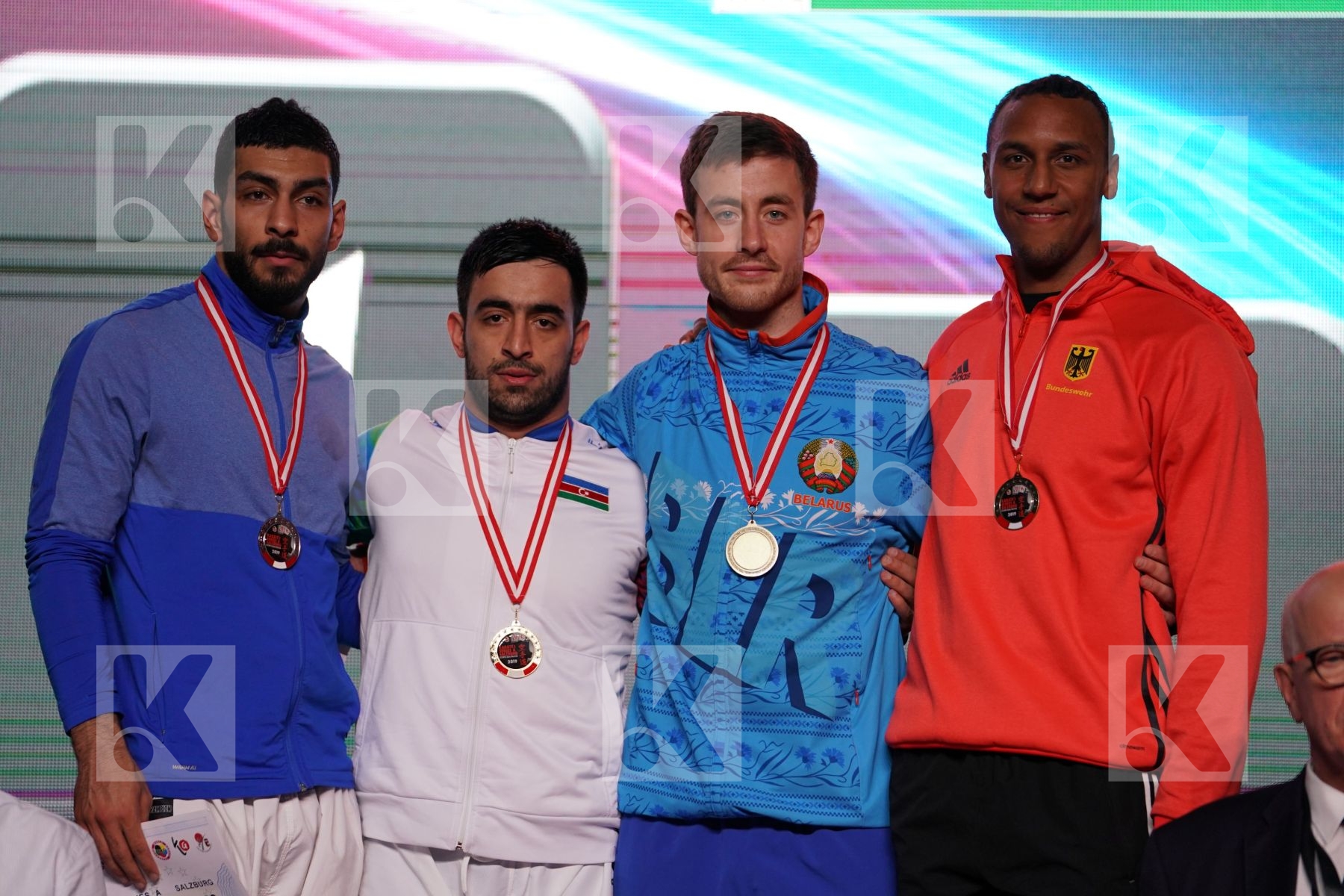 SALEH ABAZARI (ISLAMIC REPUBLIC OF IRAN), ASIMAN GURBANLI (AZERBAIJAN), ANDREI GRINEVICH (BELARUS), JONATHAN HORNE (GERMANY) in Senior Kumite 84+ Kg - podium ceremony