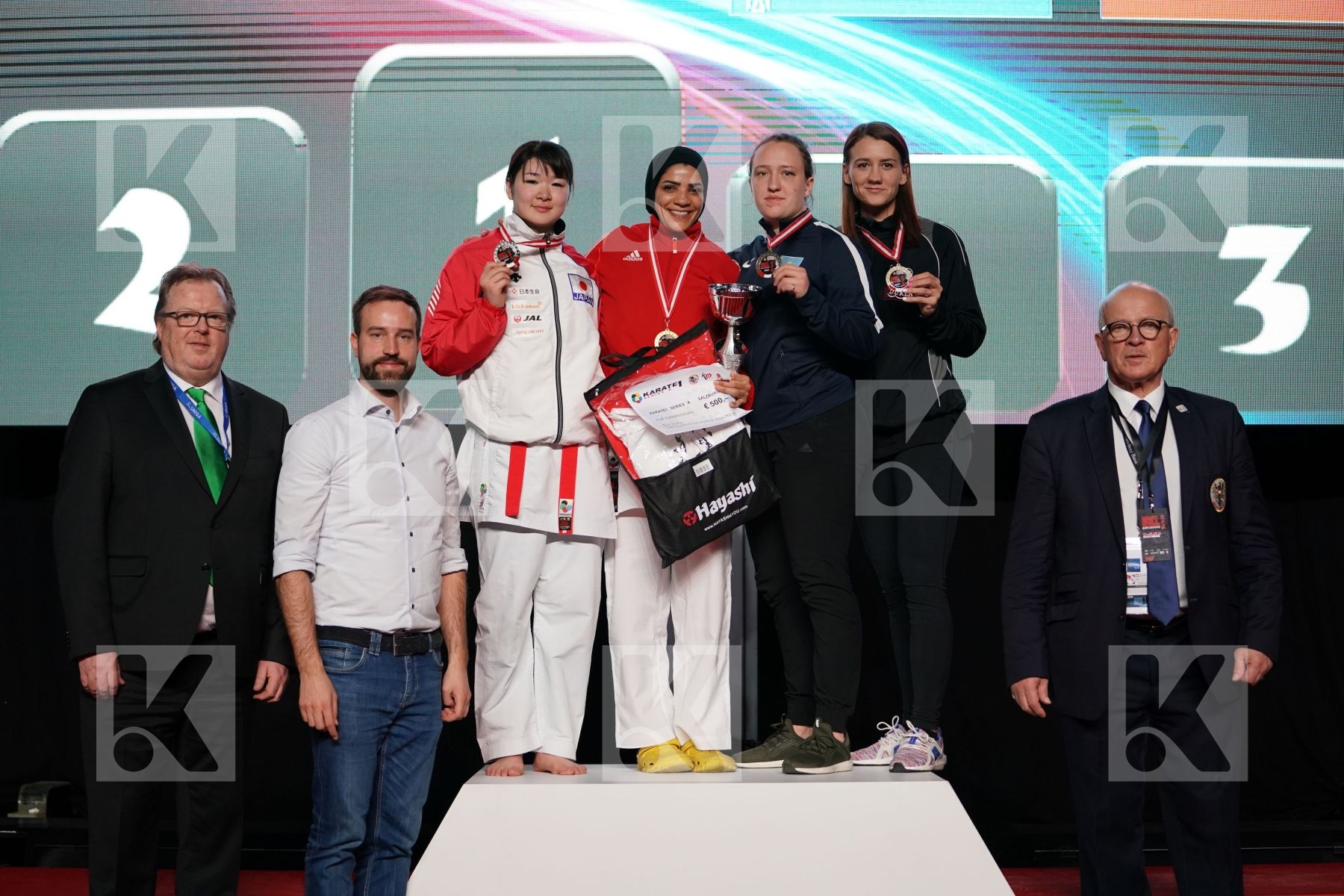 AYAKA SAITO (JAPAN), SHYMAA ABOUALYAZED (EGYPT), SOFYA BERULTSEVA (KAZAKHSTAN), DOMINIKA TATAROVA (SLOVAKIA) in Senior Kumite 68+ Kg - podium ceremony