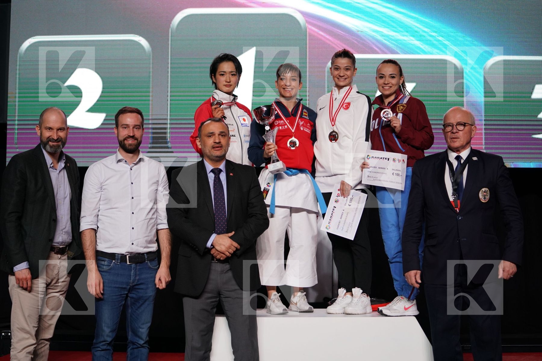 KIYOU SHIMIZU (JAPAN), SANDRA SANCHEZ JAIME (SPAIN), DILARA ELTEMUR (TUR), VIVIANA BOTTARO (ITALY) in Senior Female Kata - podium ceremony