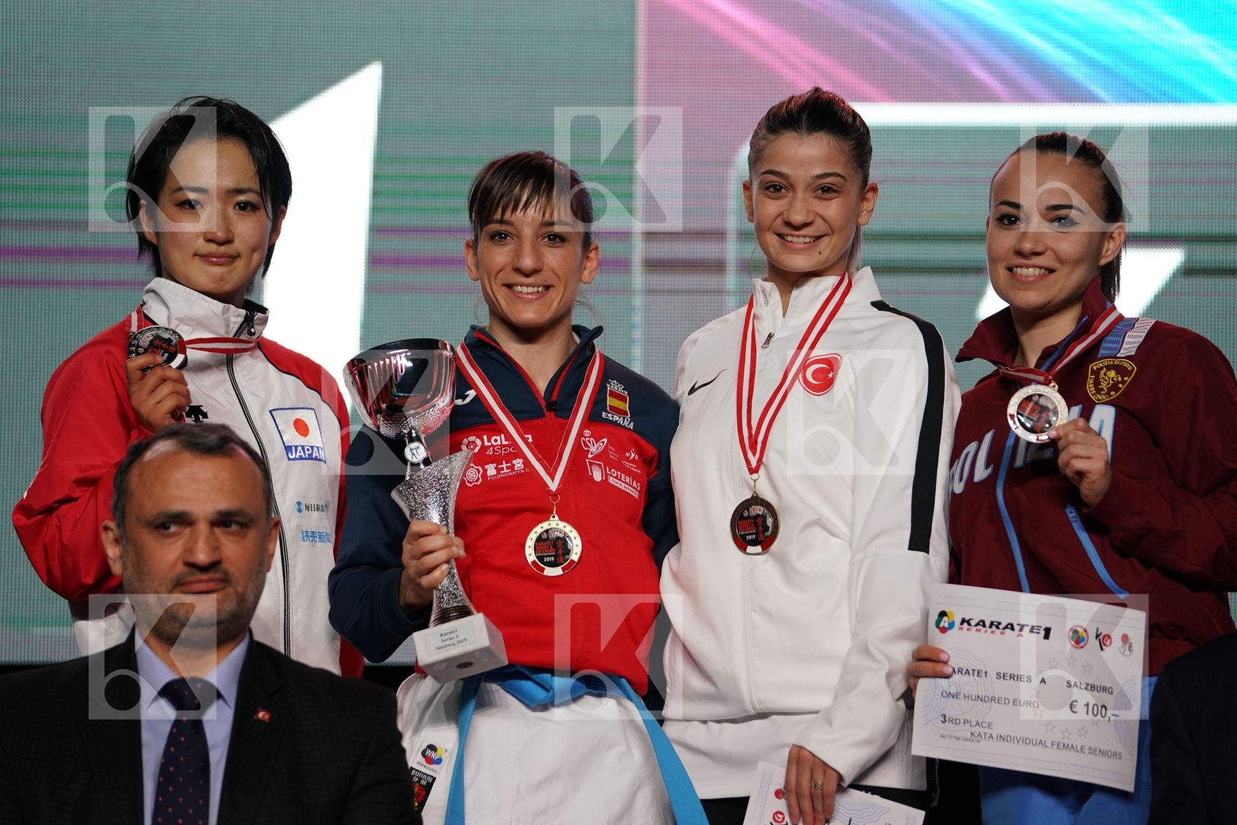 KIYOU SHIMIZU (JAPAN), SANDRA SANCHEZ JAIME (SPAIN), DILARA ELTEMUR (TUR), VIVIANA BOTTARO (ITALY) in Senior Female Kata - podium ceremony