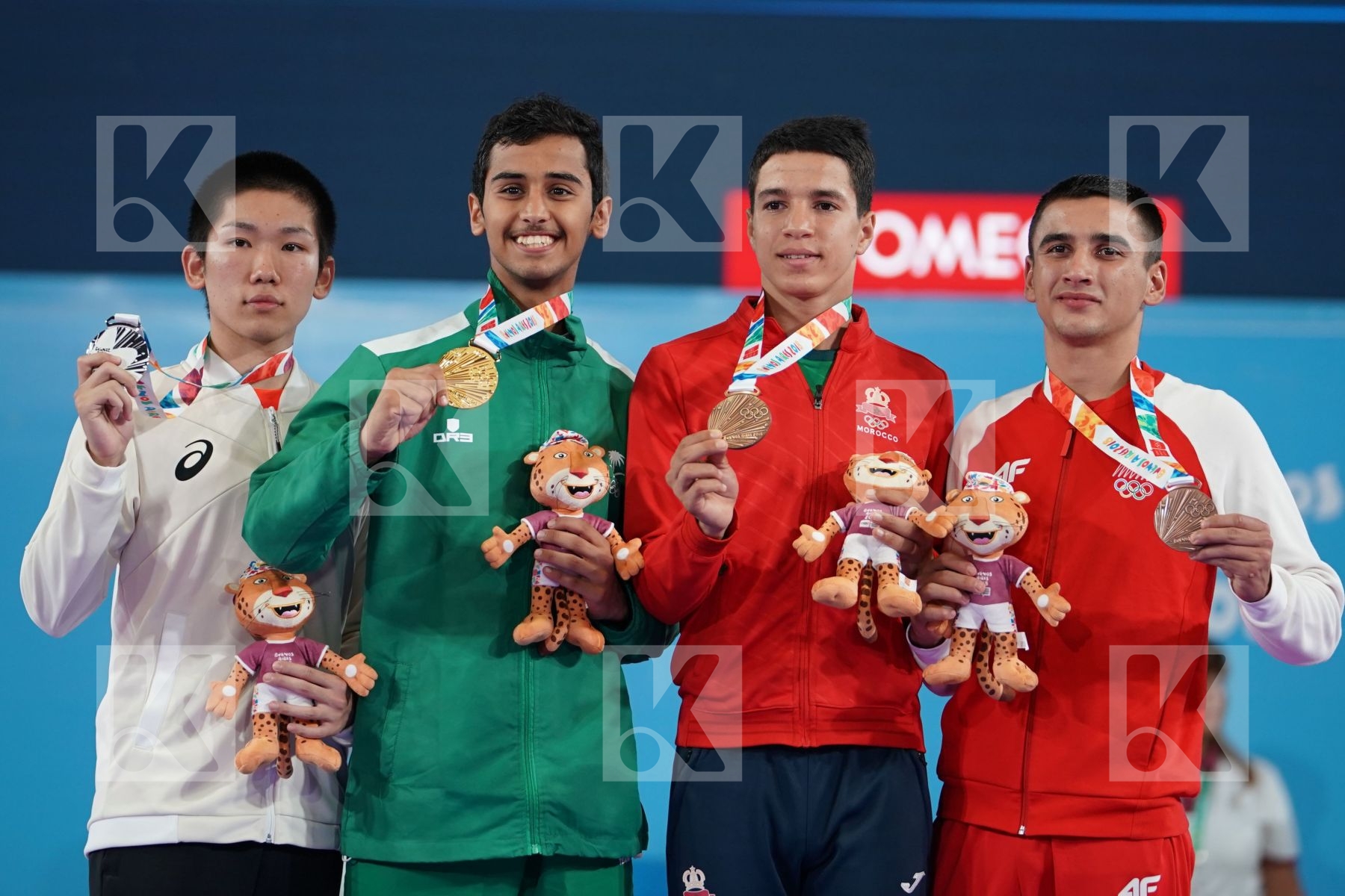 MOHAMMED ALASSIRI (SAUDI ARABIA), MASAKI YAMAOKA (JAPAN), OUSSAMA EDARI (MOROCCO), FAHIK VESELI (FYR OF MACEDONIA) in Junior Kumite Male Ð 61 Kg - Podium ceremony